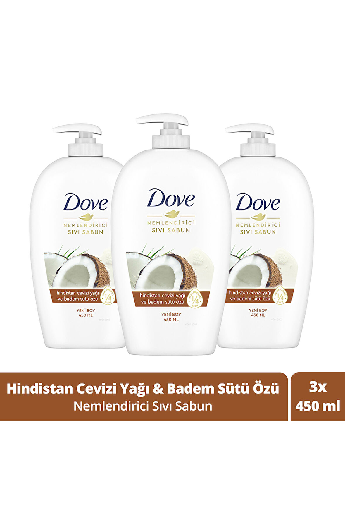 Dove Nemlendirici Sıvı Sabun Hindistan Cevizi Yağı Ve Badem Sütü Özü 450 ml x3