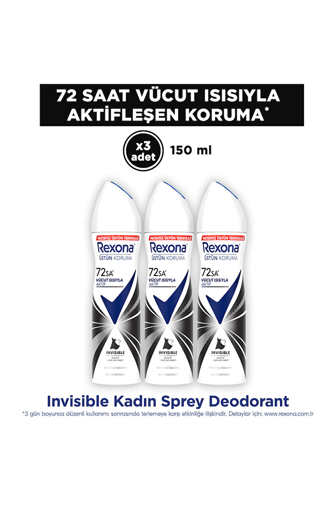 Rexona Üstün Koruma Kadın Sprey Deodorant Invisible 200 ml x3