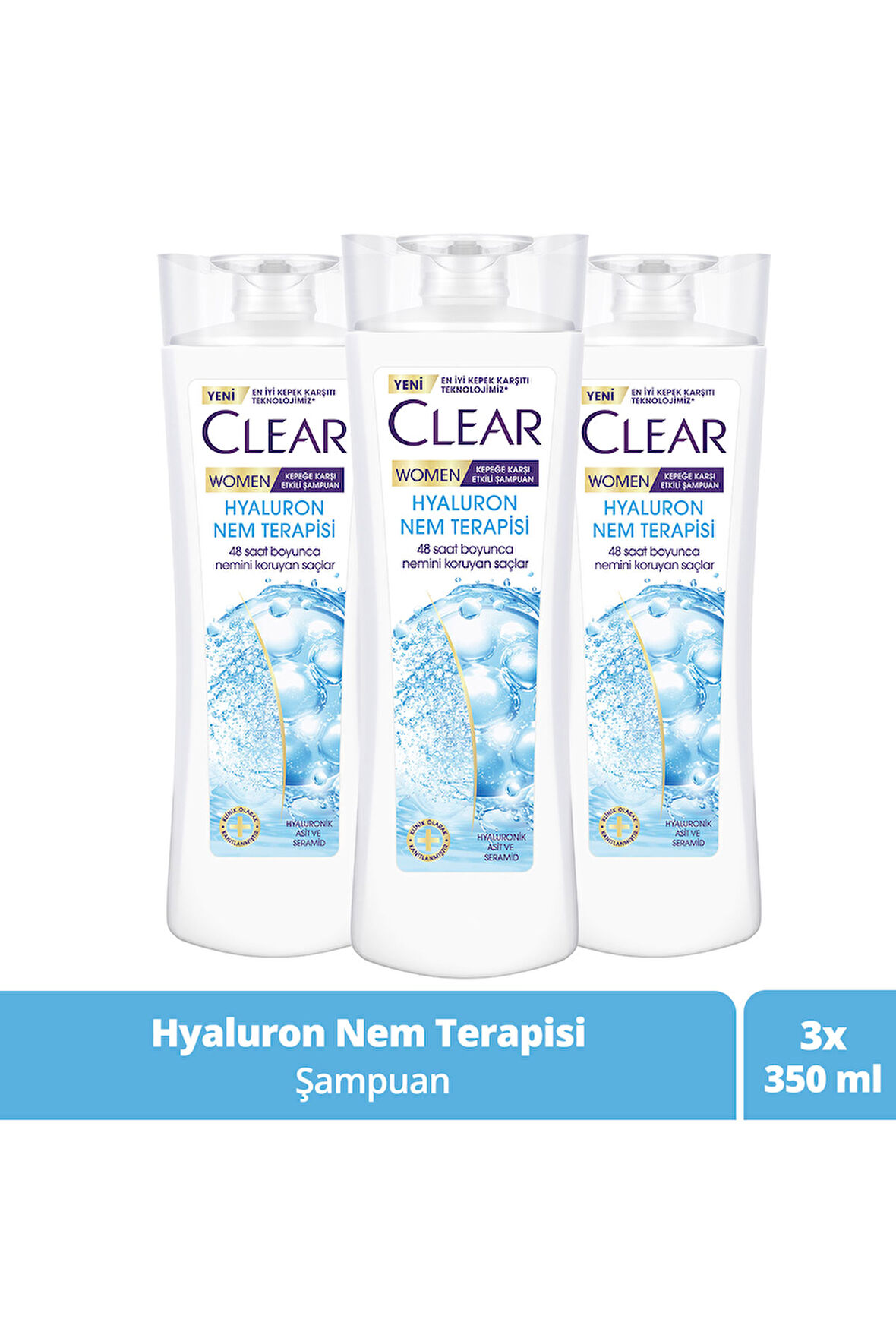 Clear Women Kepeğe Karşı Etkili Saç Bakım Şampuanı Hyaluron Nem Terapisi 350 ml x3