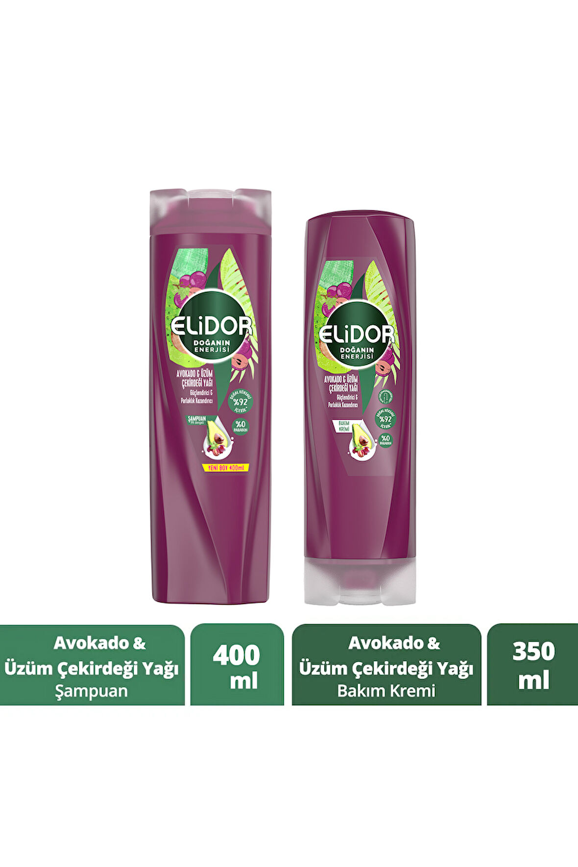 Elidor Doğanın Enerjisi Şampuan Avokado ve Üzüm Çekirdeği Yağı 400 ml + Saç Bakım Kremi 350 ml