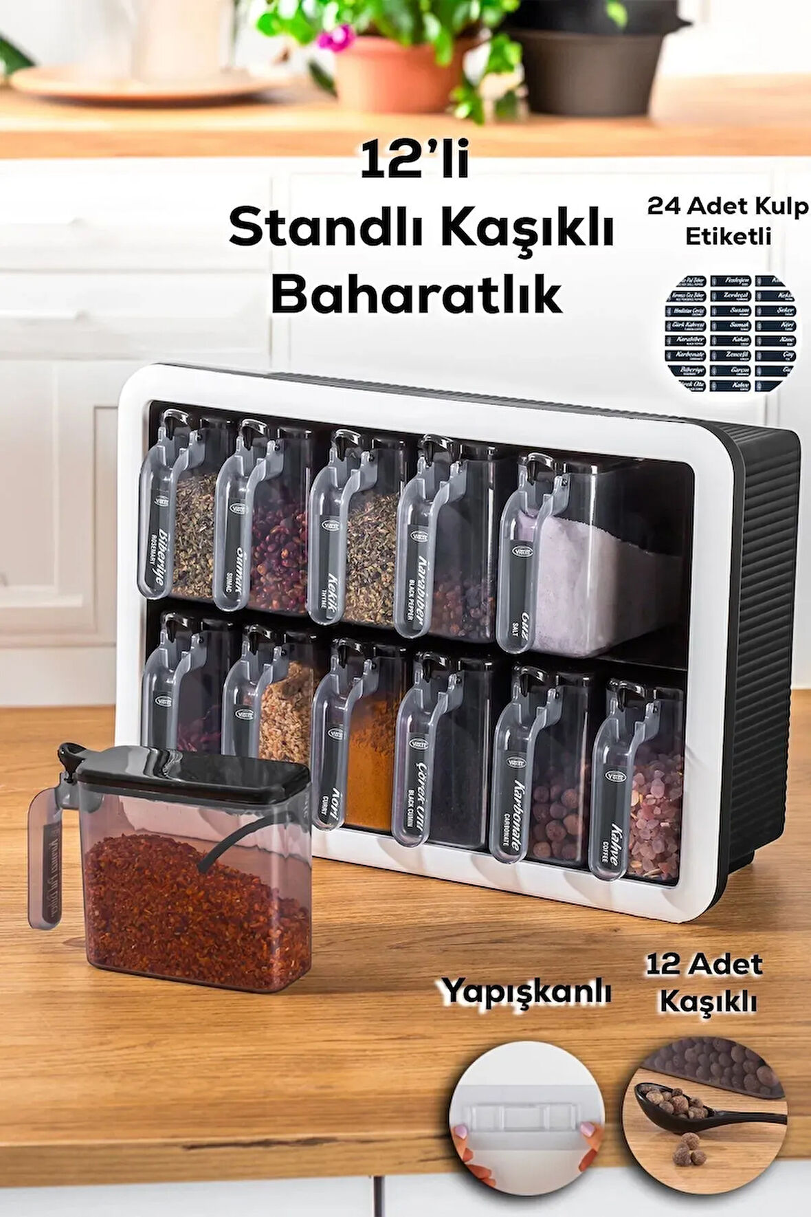 Standlı 12li Baharatlık Takımı Siyah Beyaz Kendinden Yapışkanlı Kaşıklı ve Kapaklı Baharatlık Seti
