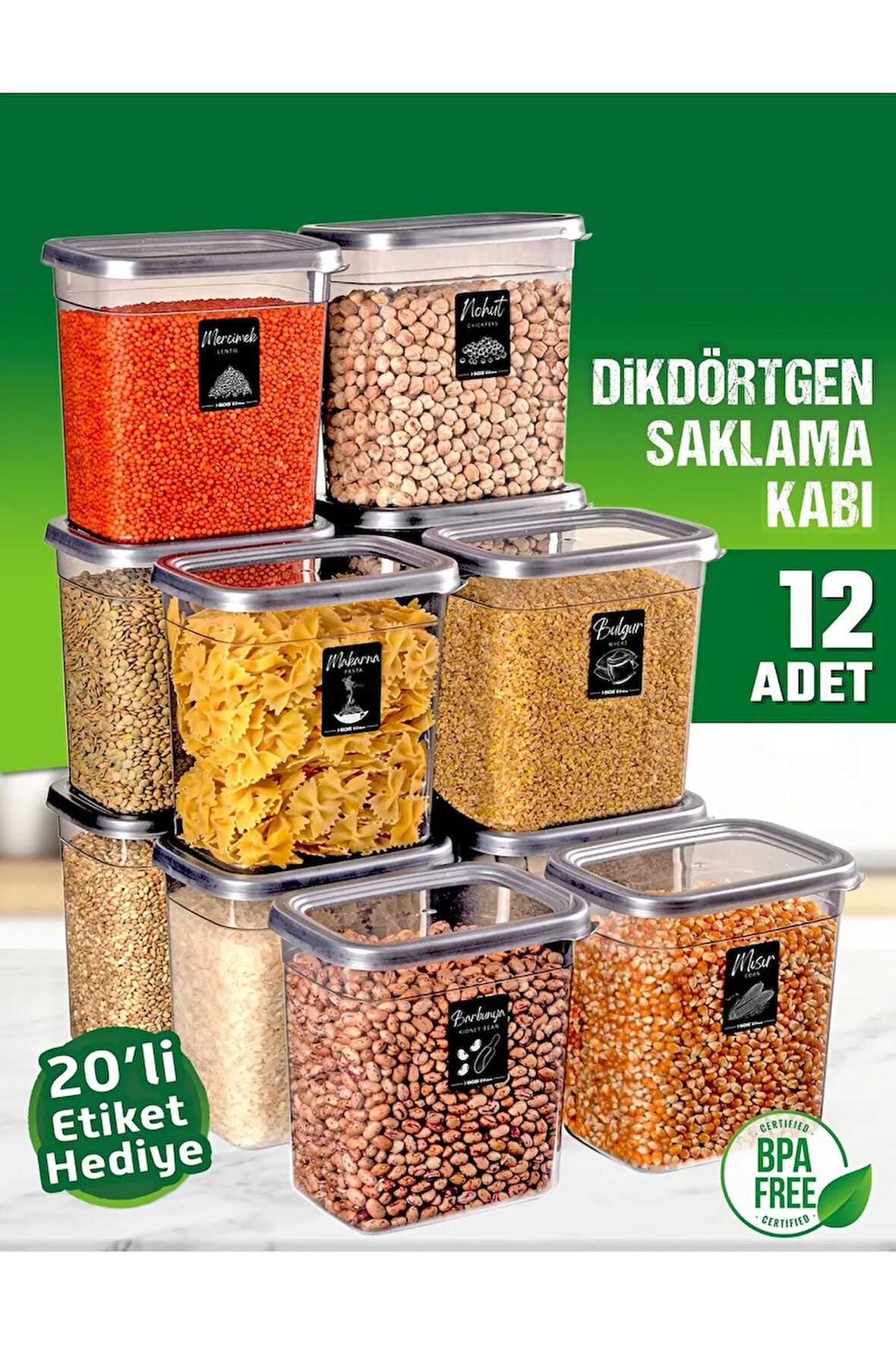 12 Adet 24 Parça Dikdörtgen 2 Litre Erzak Bakliyat Saklama Kabı Çeyiz Seti 20 Etiket Hediyeli