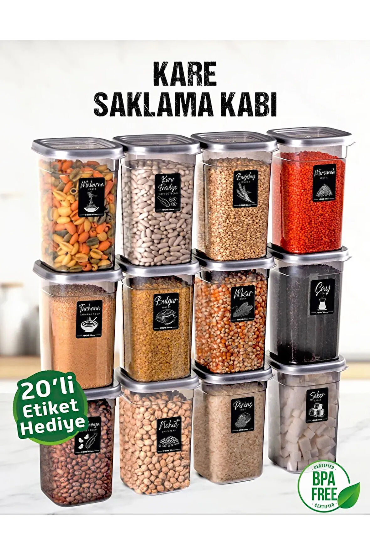 12 Adet 24 Parça 1,2 Litre Kare Erzak Bakliyat Saklama Kabı Seti Baharatlık 20 Adet Etiket Hediyeli