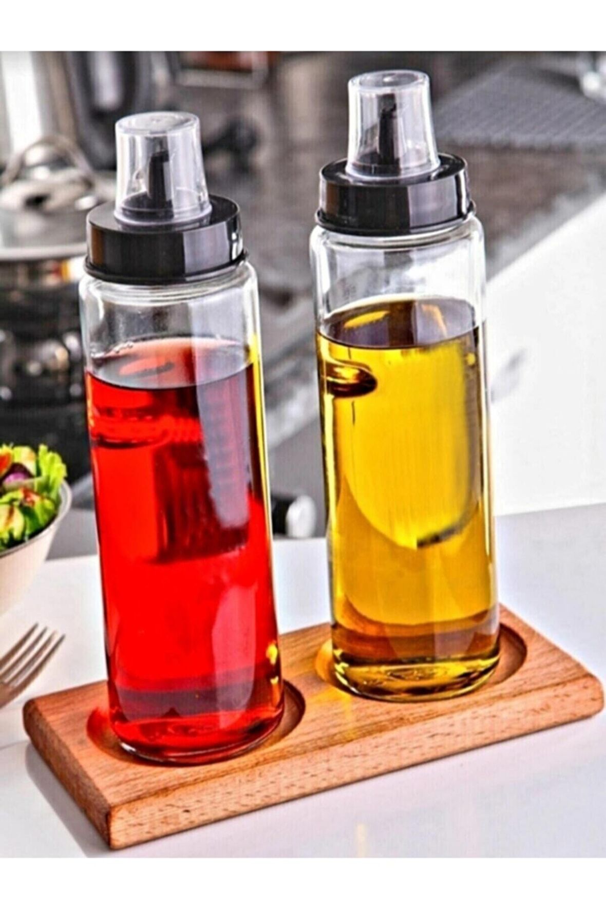 2 Adet 500 Ml Ahşap Altlık Standlı Yağdanlık Damlatmaz Akıllı Cam Yağlık