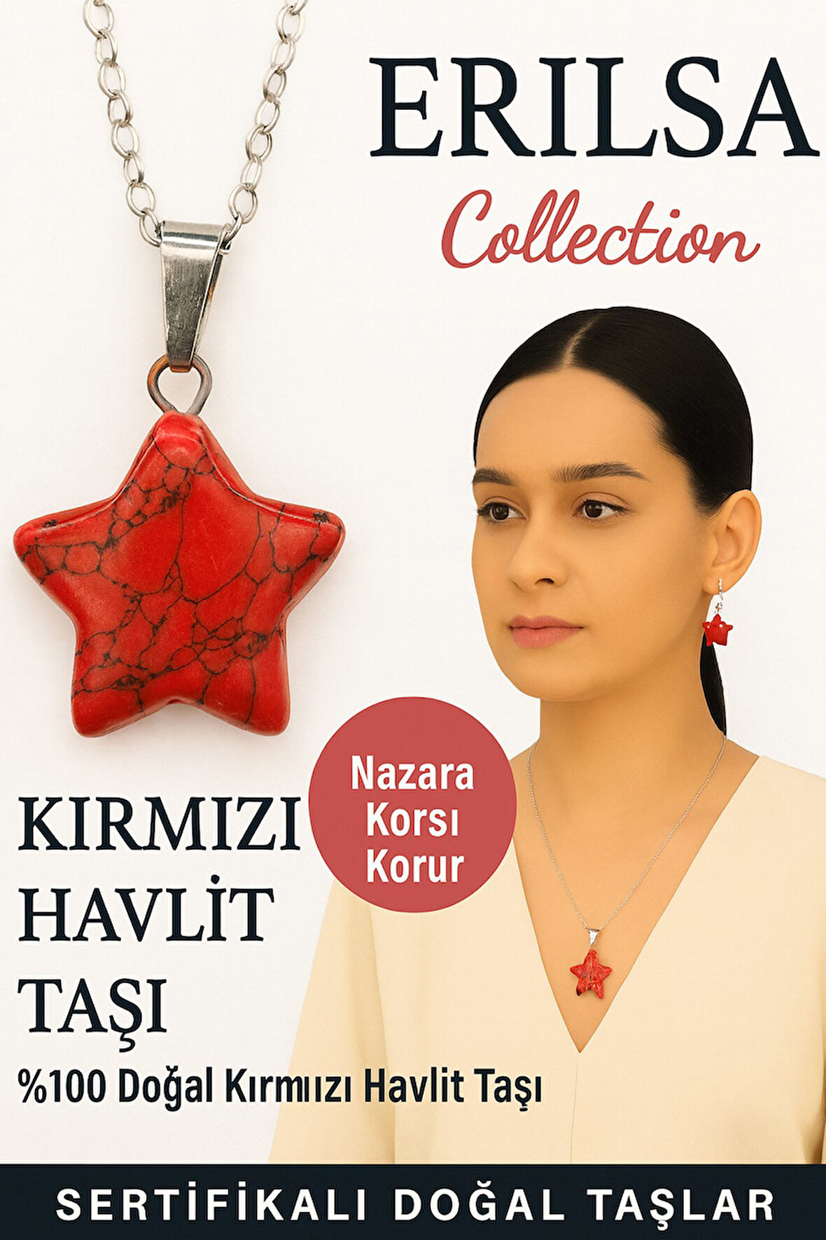 Sertifikalı Yıldız Model Kırmızı Havlit Doğal Taş Kolye – Nazara Karşı Korur