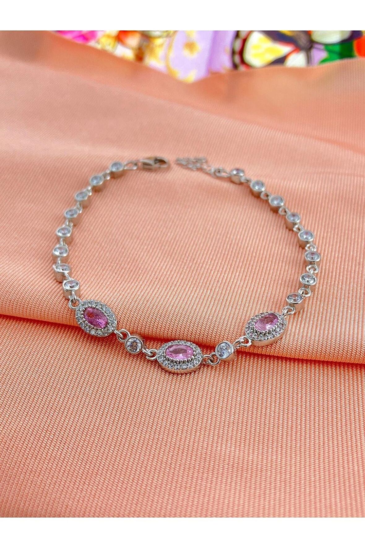 Pembe Kuvars Taşlı Zirkon Gümüş Bileklik