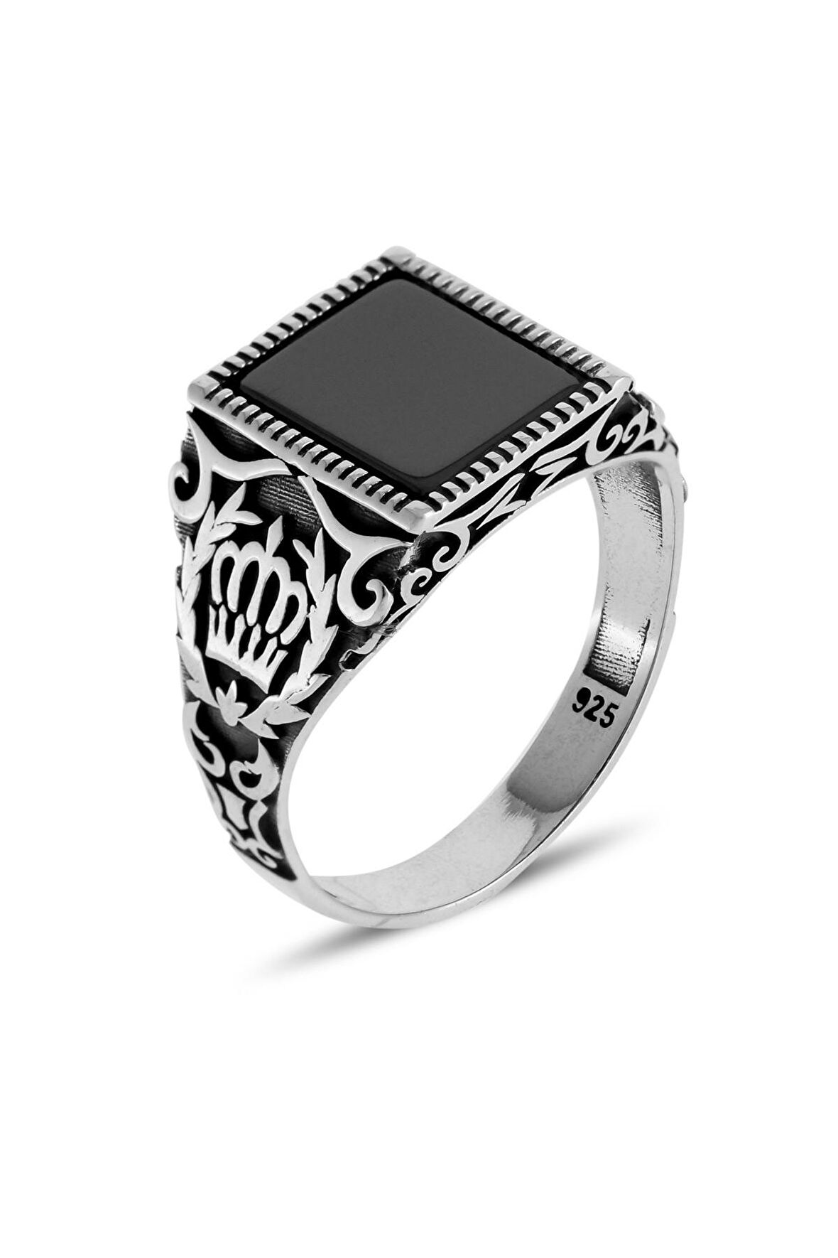 Taç İşlemeli Oniks Taşlı 925 Ayar Erkek Gümüş Yüzük