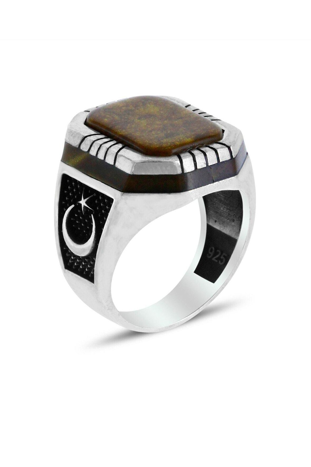 Ayyıldız İşlemeli Kaplangözü Taşlı Erkek Gümüş Yüzük