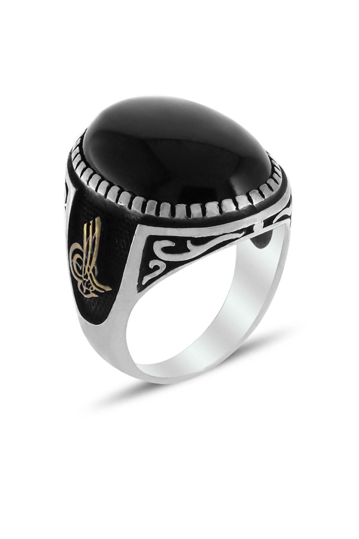 Tuğra İşleme Oniks Taşlı Erkek Gümüş Yüzük