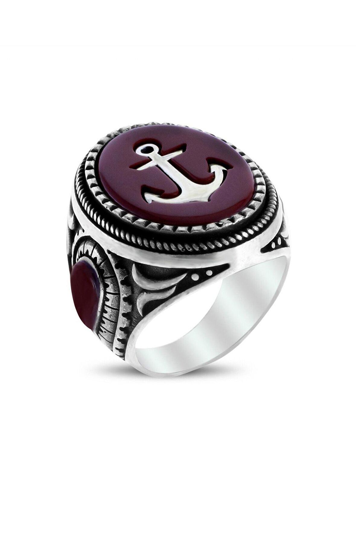 Ayyıldız İşlemeli Kırmızı Mineli Erkek Gümüş Yüzük