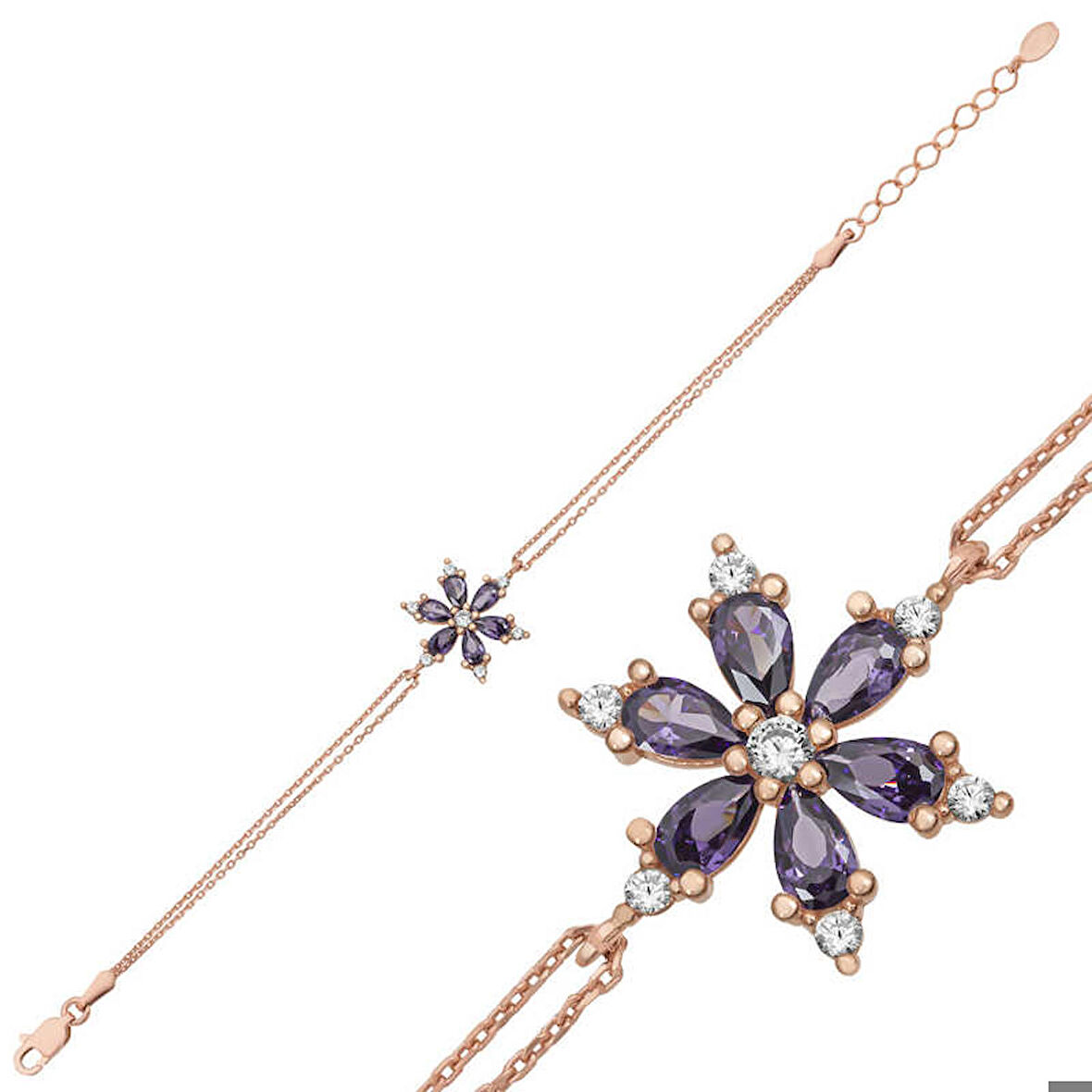 Gümüş Rose Mor Lotus Çiçeği Kadın Bileklik
