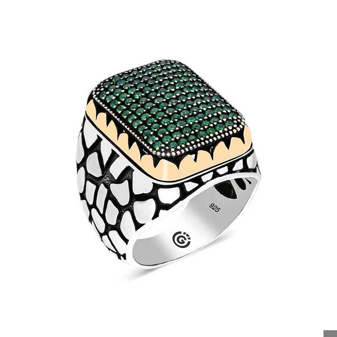 Gümüş Yeşil Zirkon Taşlı Kare Erkek Yüzük