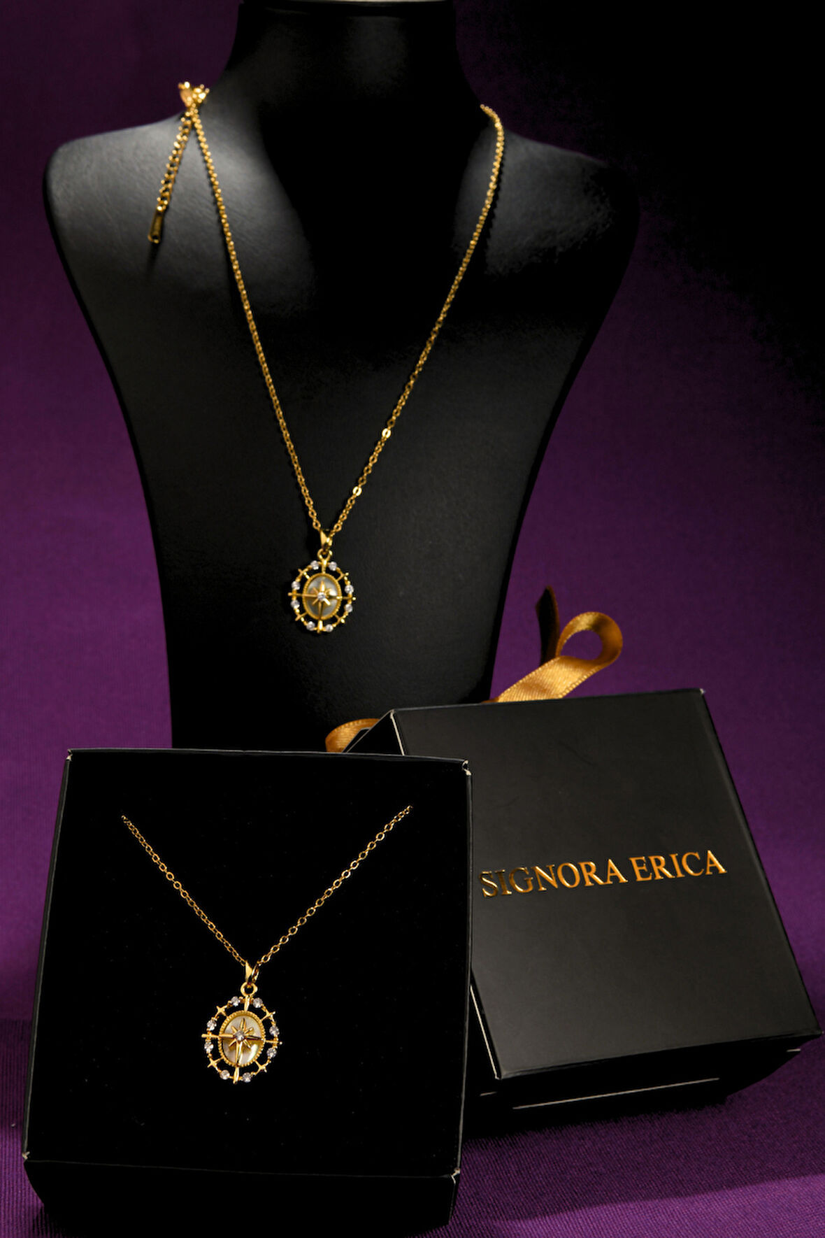 Pusula Görünümlü Zirkon Taşlı Çoklu Kutup Yıldızlı Model Kadın Çelik Kolye