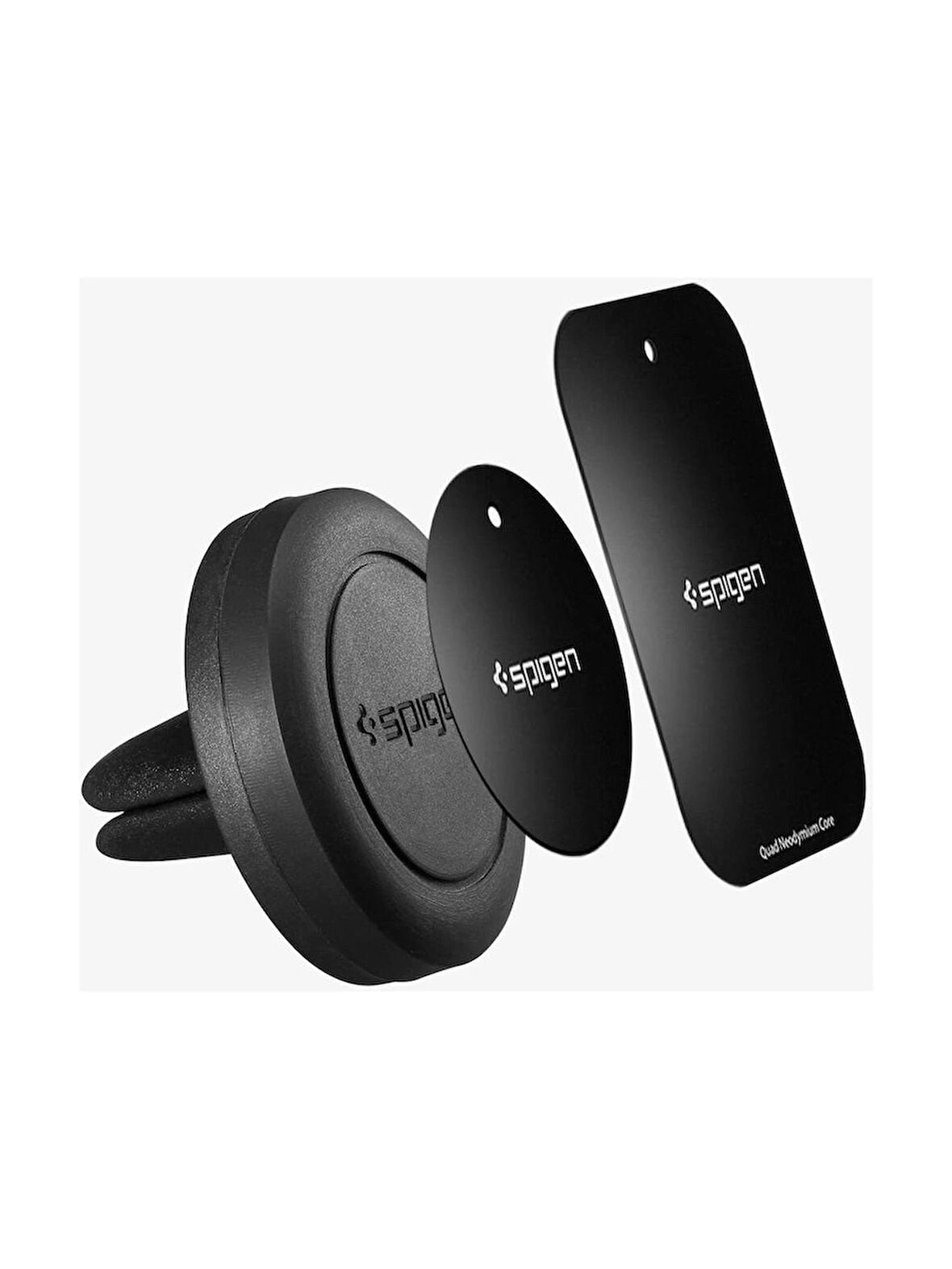 Spigen Air Vent Manyetik Araç içi Telefon Tutucu + 2 Adet Manyetik Plaka (Tüm Cihazlarla Uyumlu Araç Tutacağı) Kuel A200 Black - SGP11583