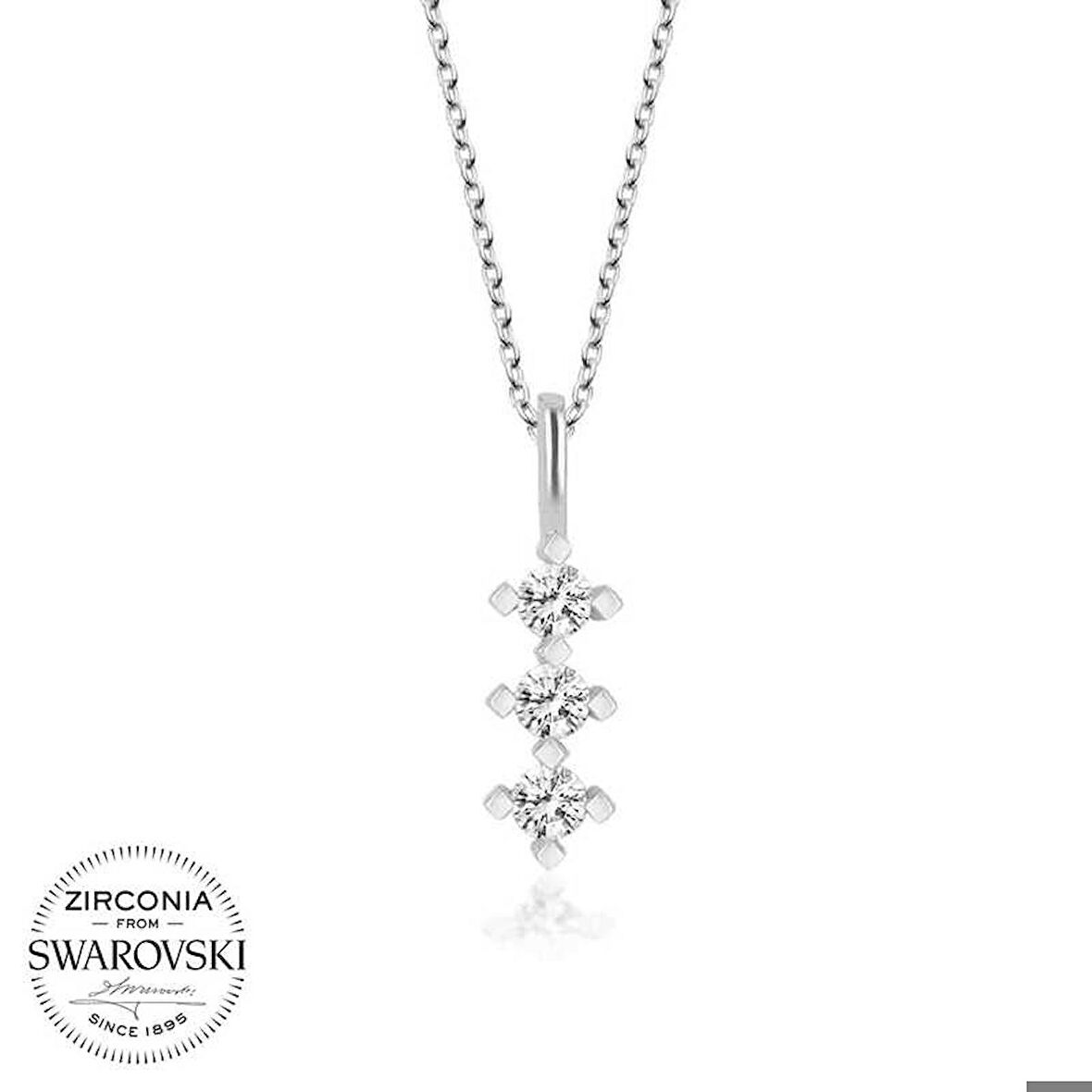 Swarovski Taşlı Gümüş Üçtaş Tektaş Kadın Kolye