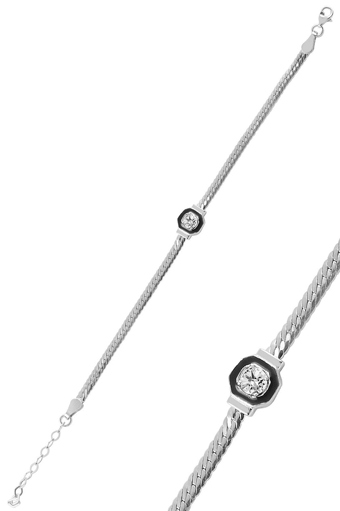 Gümüş tek taş ve mineli balık sırtı zincirli bileklik