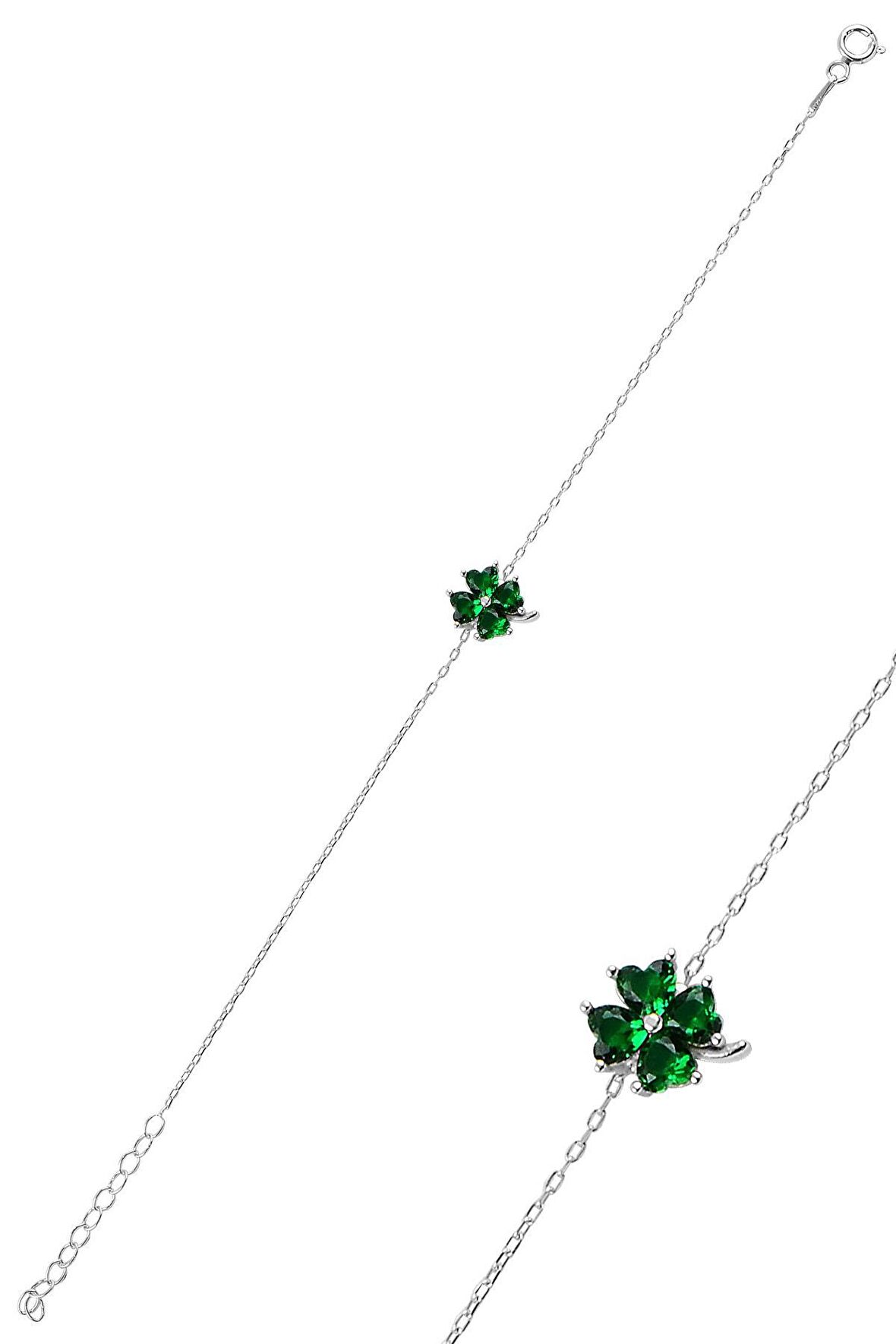 Gümüş zümrüt taş rengi  yonca modeli bileklik SGTL10091YSL