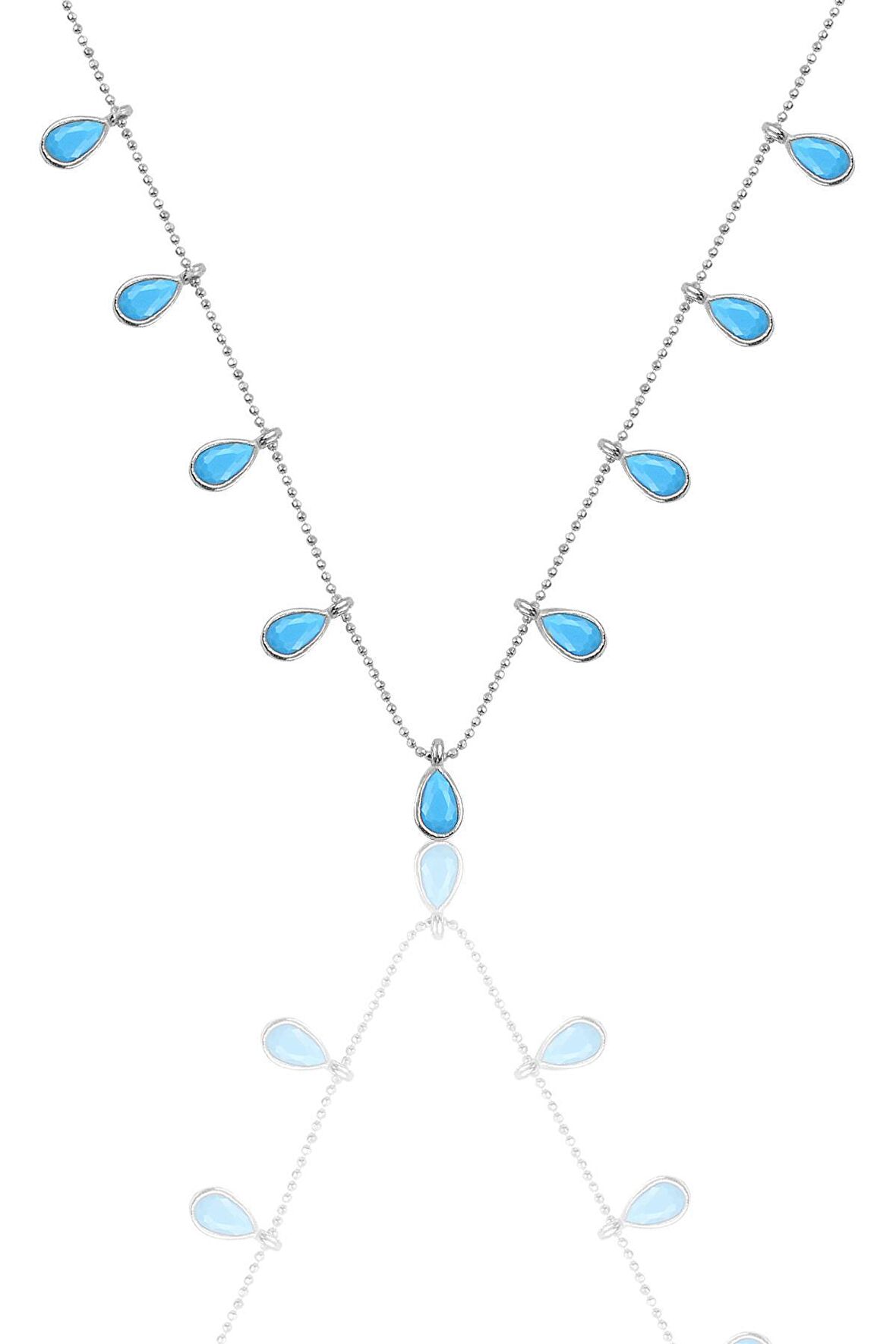 Gümüş rodyumlu turkuaz taşlı damla modeli kolye