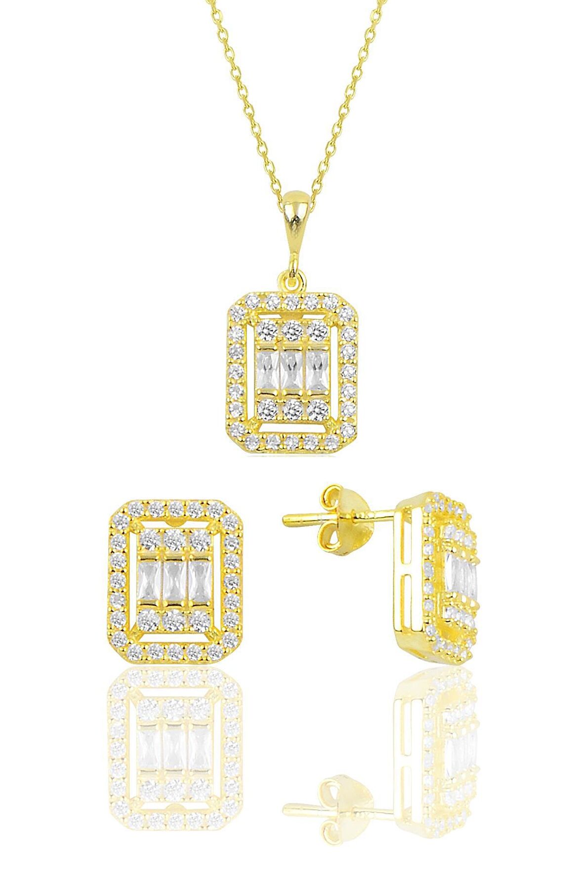 Gümüş altın yaldızlı baget taşlı ikili set