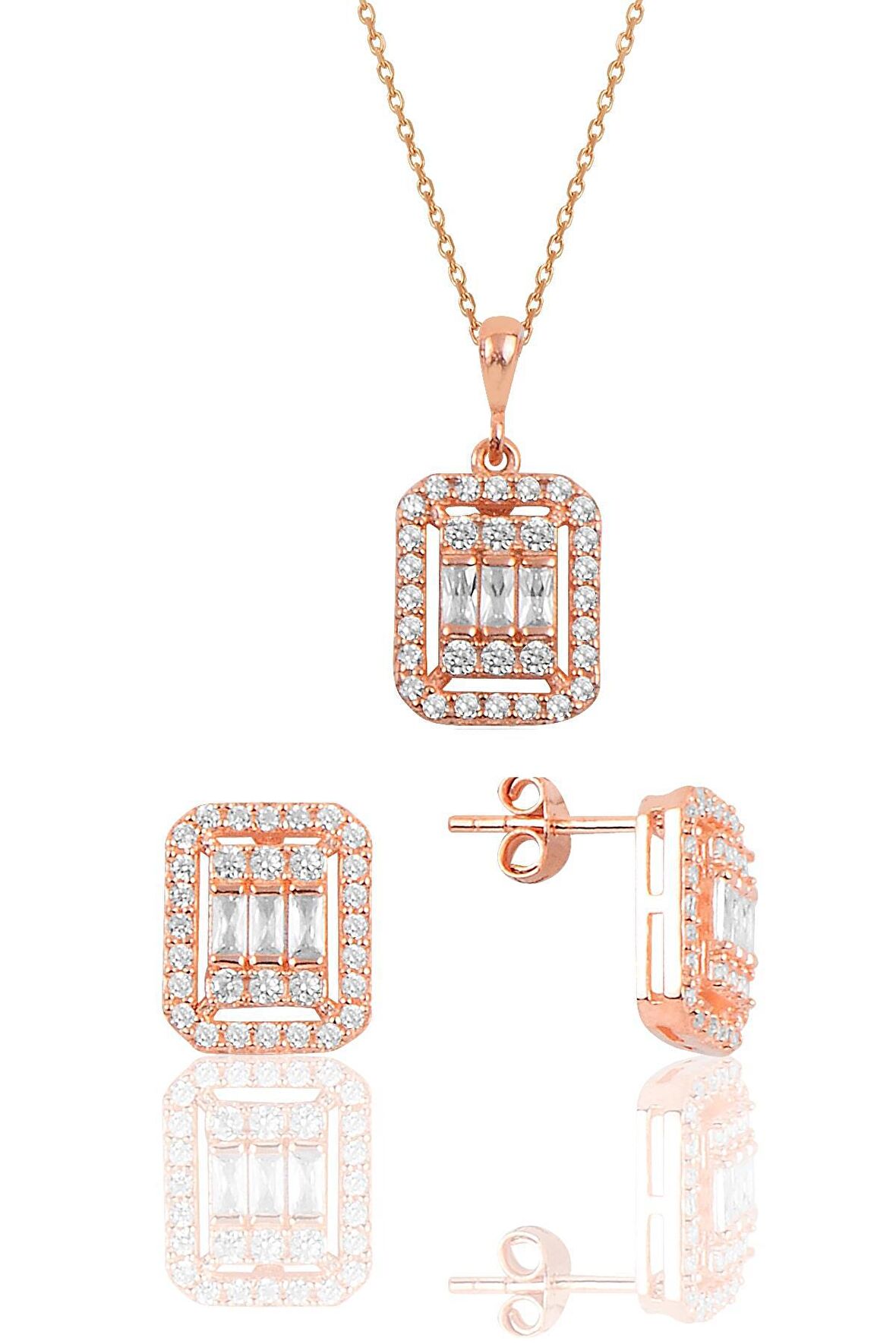 Gümüş rose baget taşlı ikili set