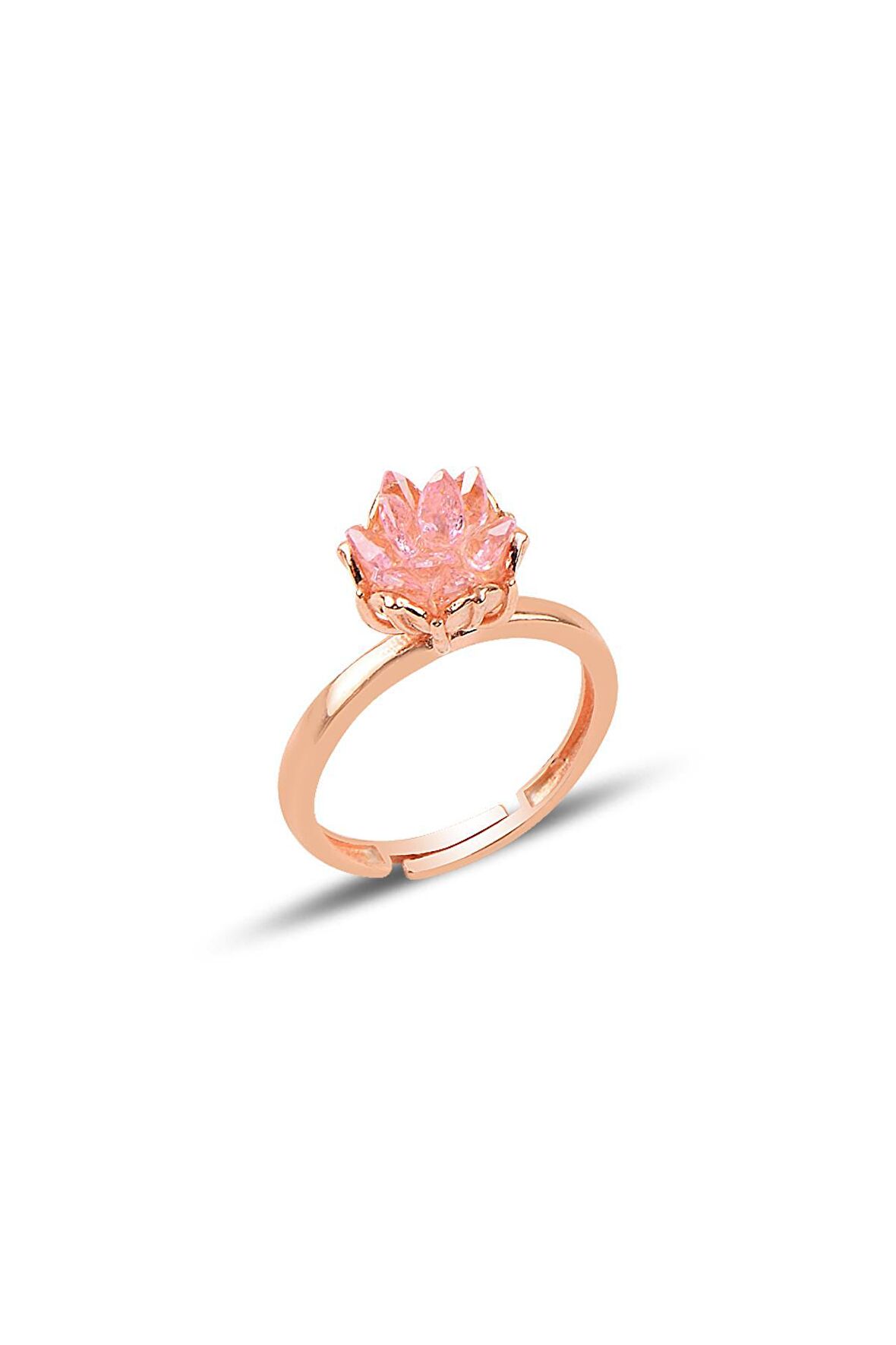 Gümüş Lotus çiçeği modeli pembe renkli taşlı ayarlamalı yüzük