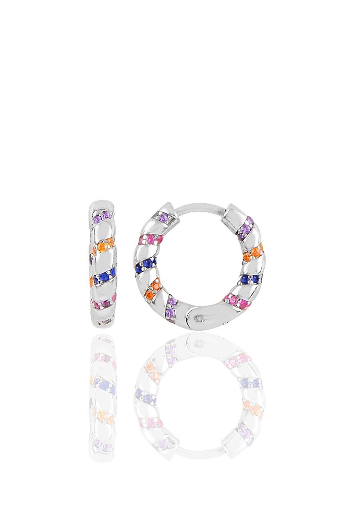 Gümüş rodyumlu renkli taşlı özel tasarım halka küpe