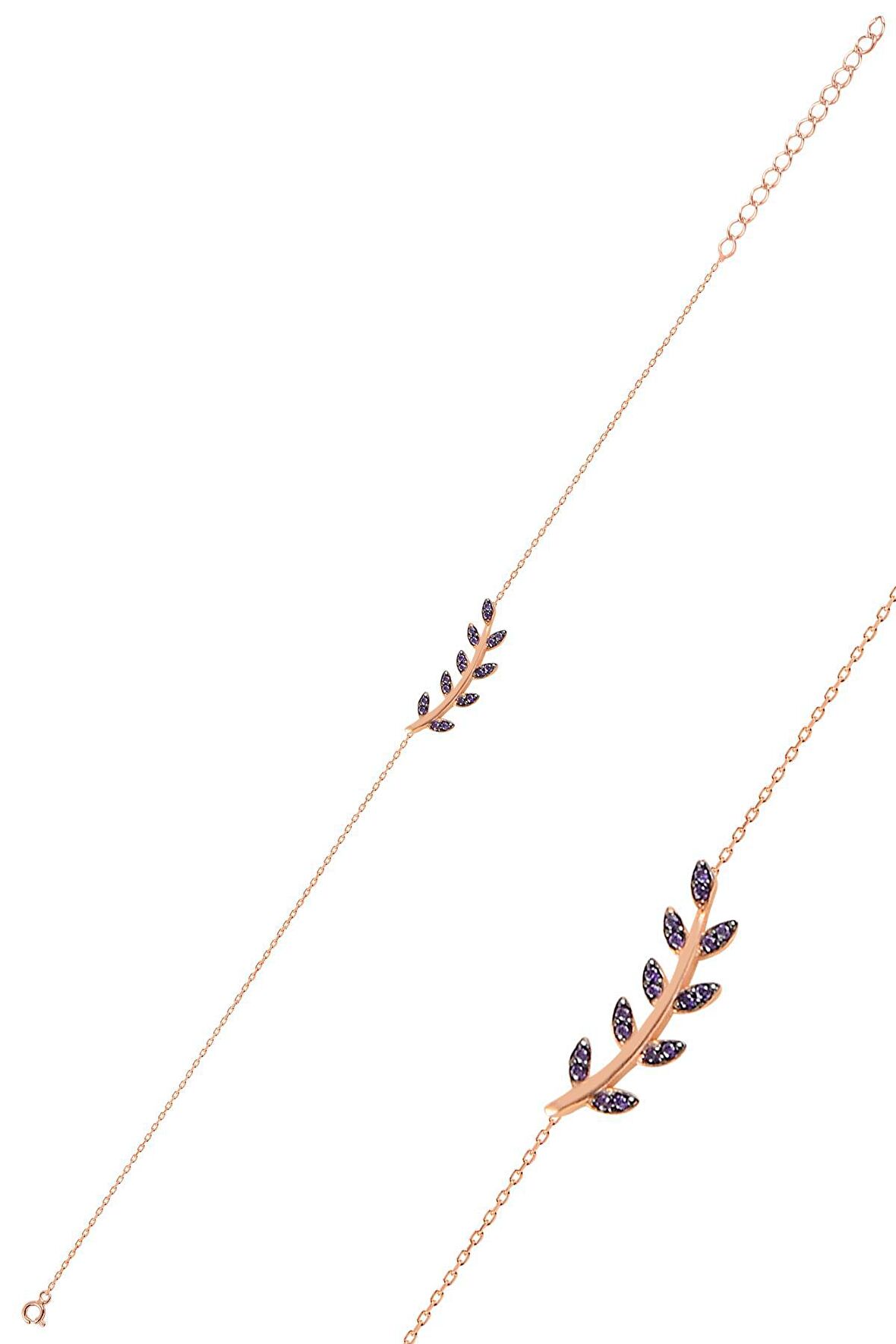 Gümüş rose mor taşlı yaprak bileklik