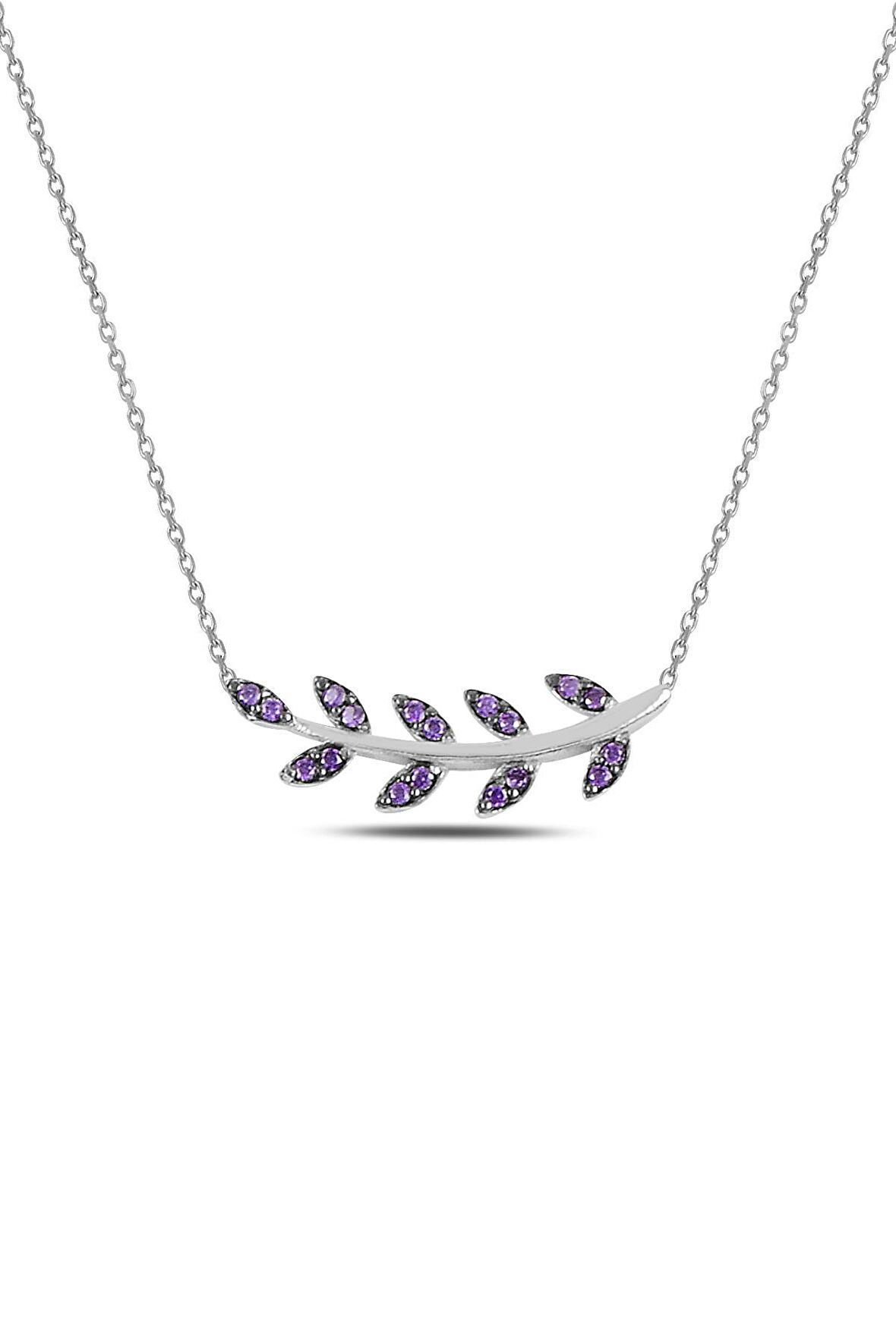 Gümüş rodyumlu  mor taşlı yaprak kolye