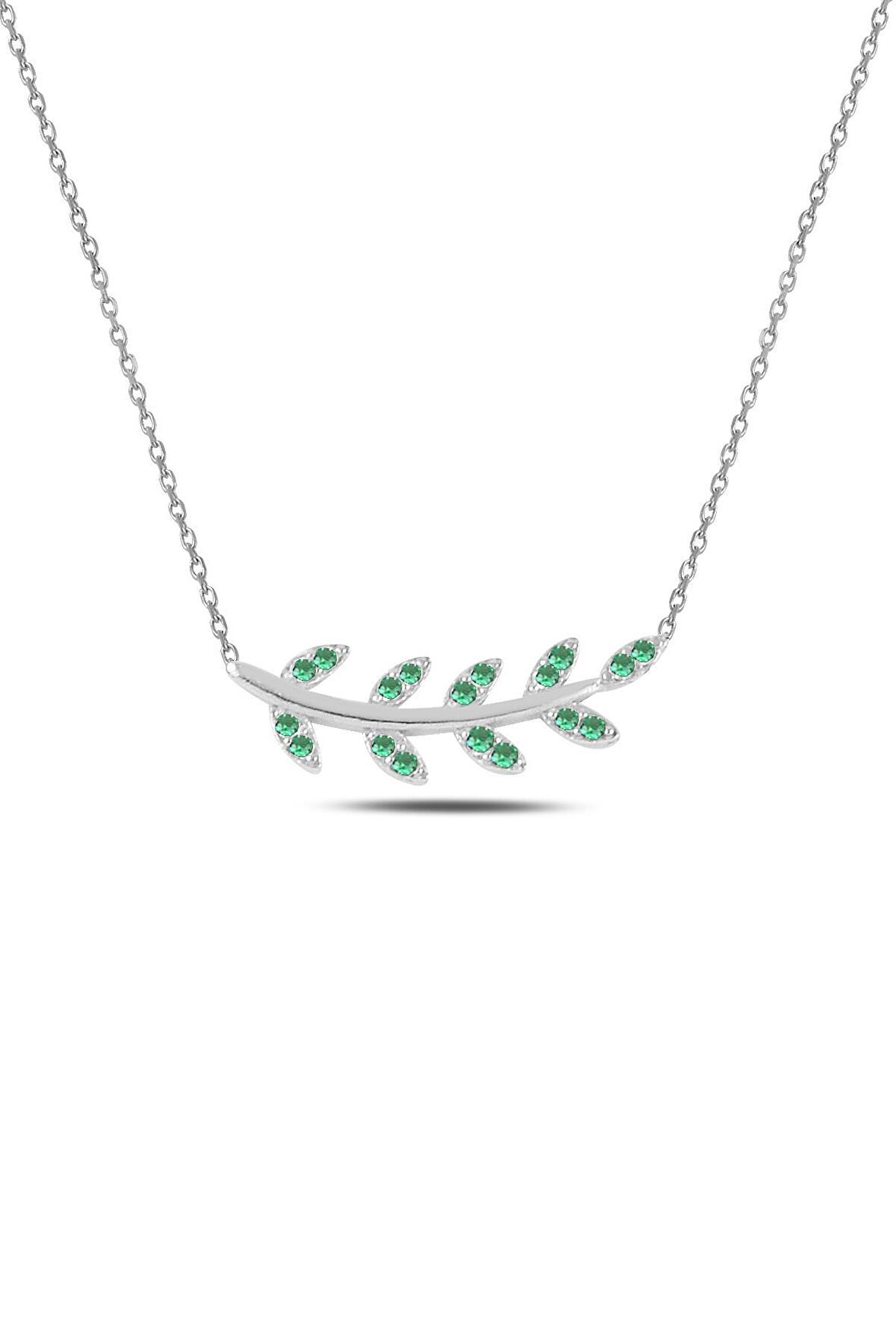 Gümüş rodyumlu yeşil taşlı yaprak kolye