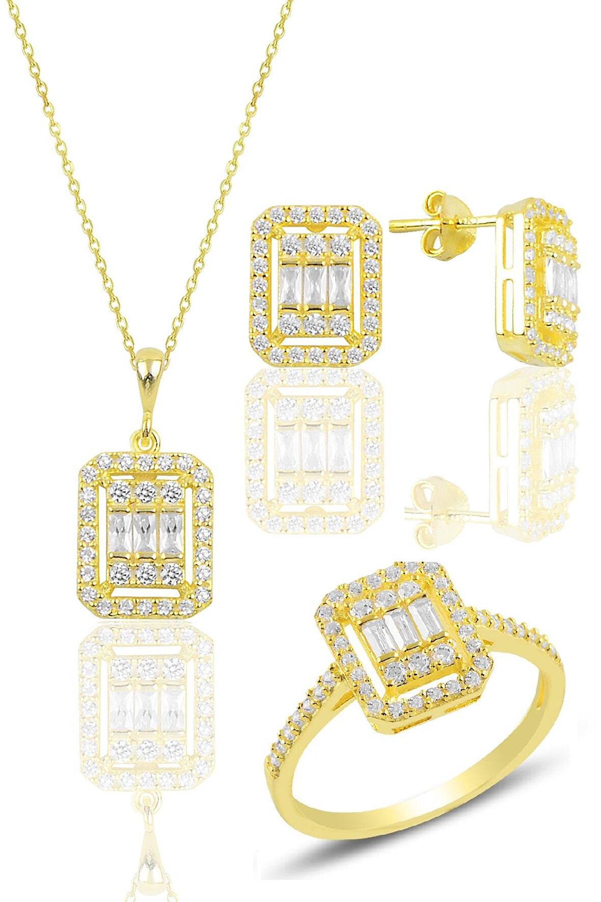 Gümüş altın yaldızlı gümüş baget taşlı üçlü set