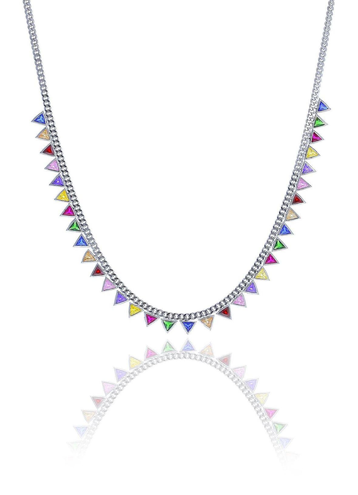 Gümüş rodyumlu renkli taşlı gurmet zincirli piramit kolye 