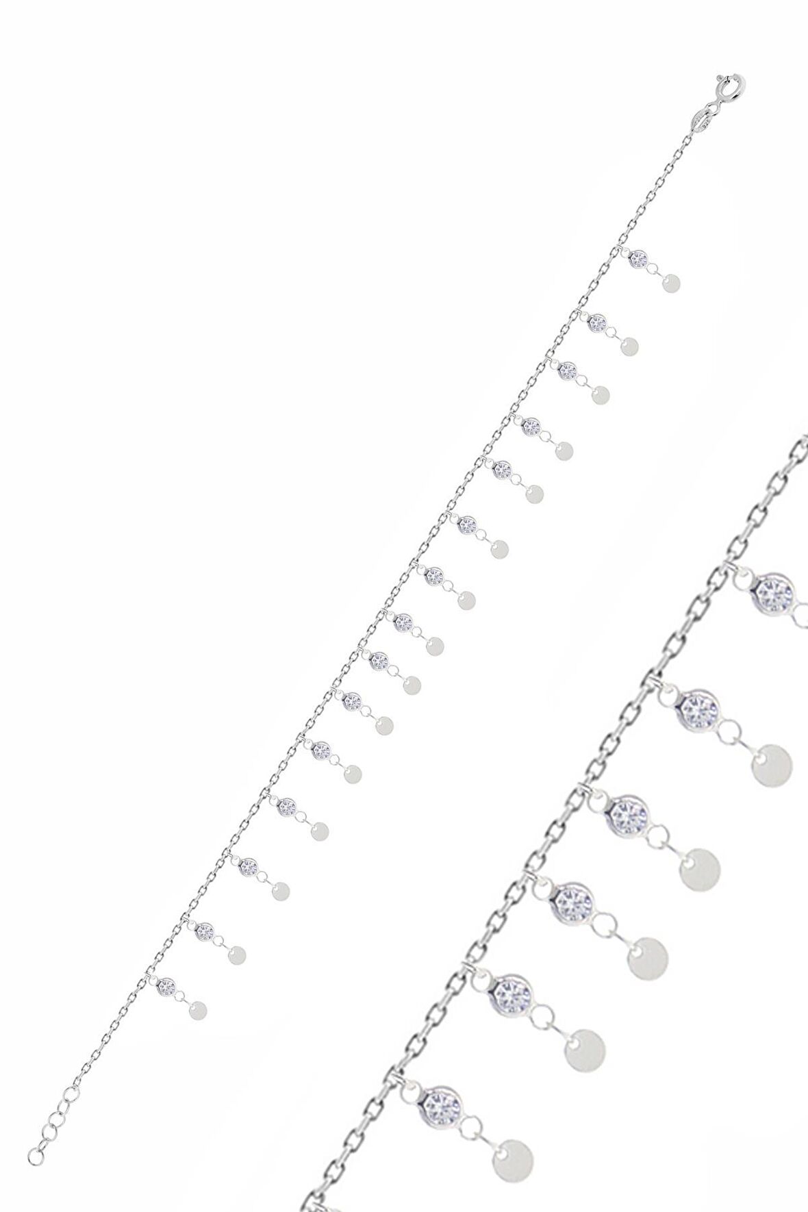 Gümüş rodyumlu zirkon taşlı çift sıra pullu halhal