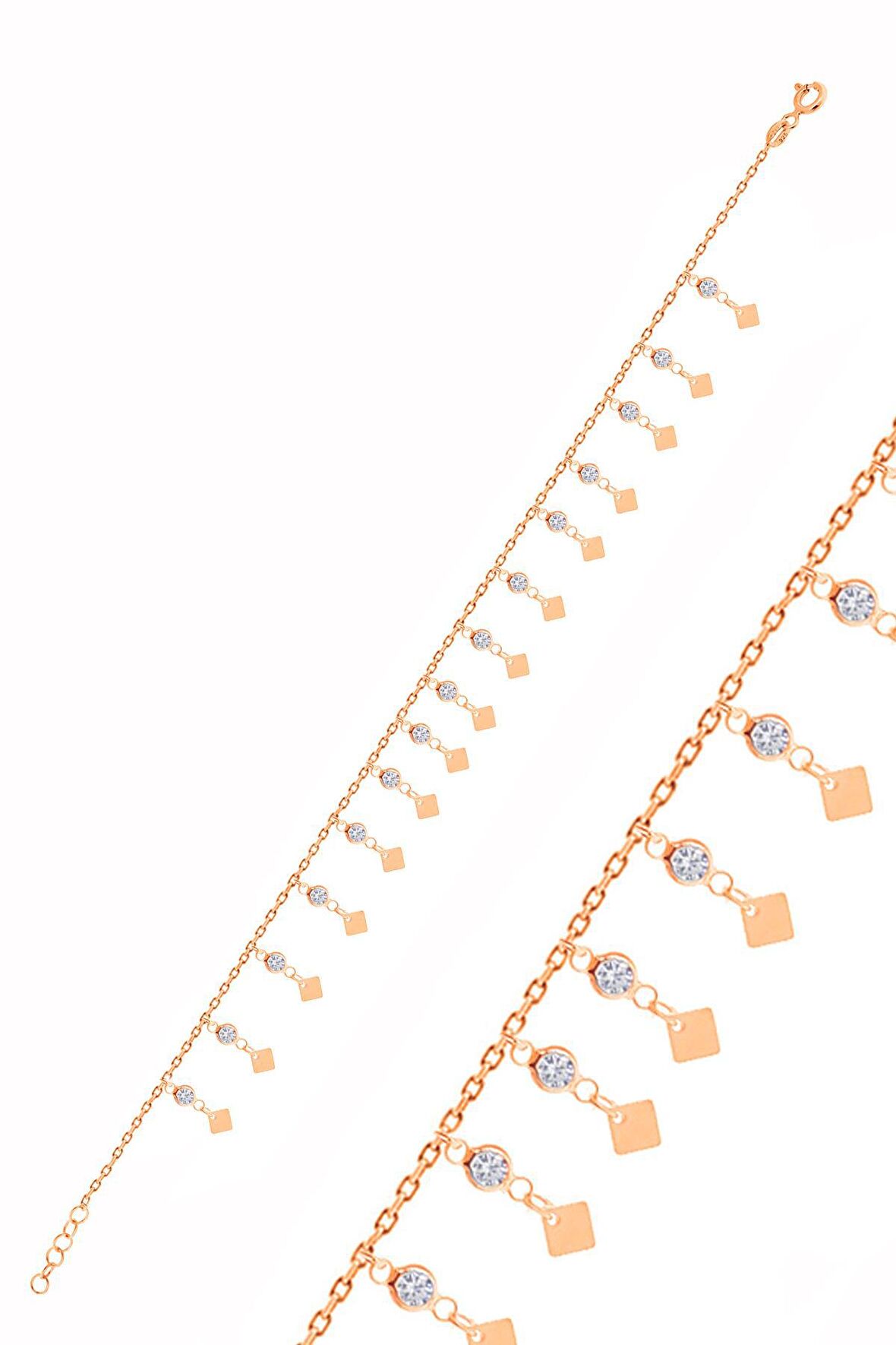 Gümüş rose zirkon taşlı çift sıra dilim pullu halhal