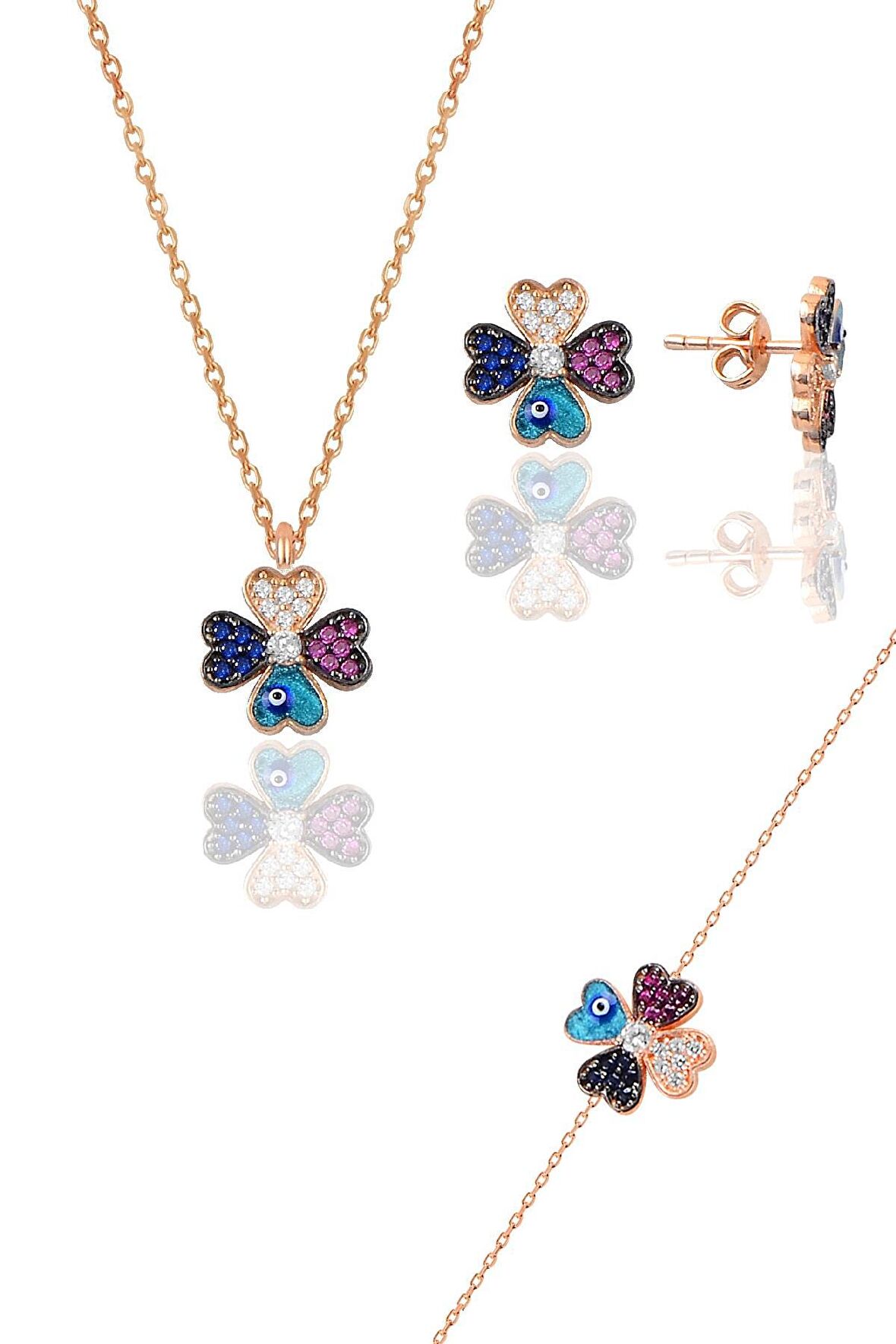 Gümüş rose mineli yonca modeli üçlü set
