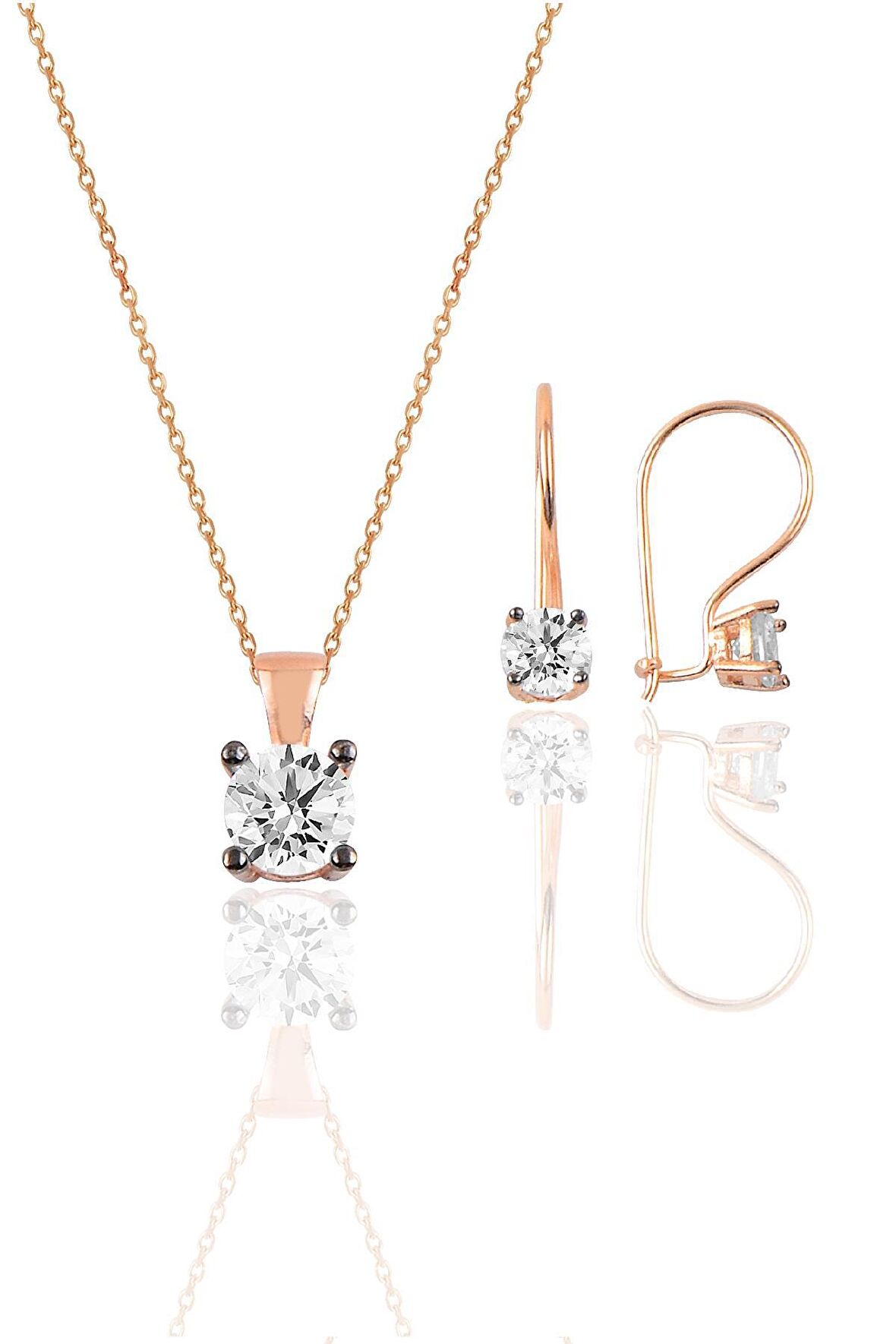 Gümüş rose tek taş  kolye ve çengelli küpe gümüş  set