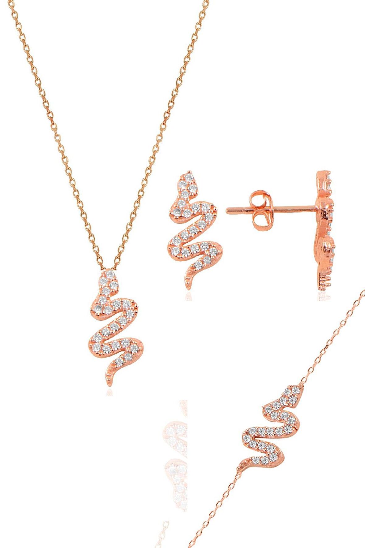 Gümüş rose zirkon taşlı gümüş yılan üçlü set