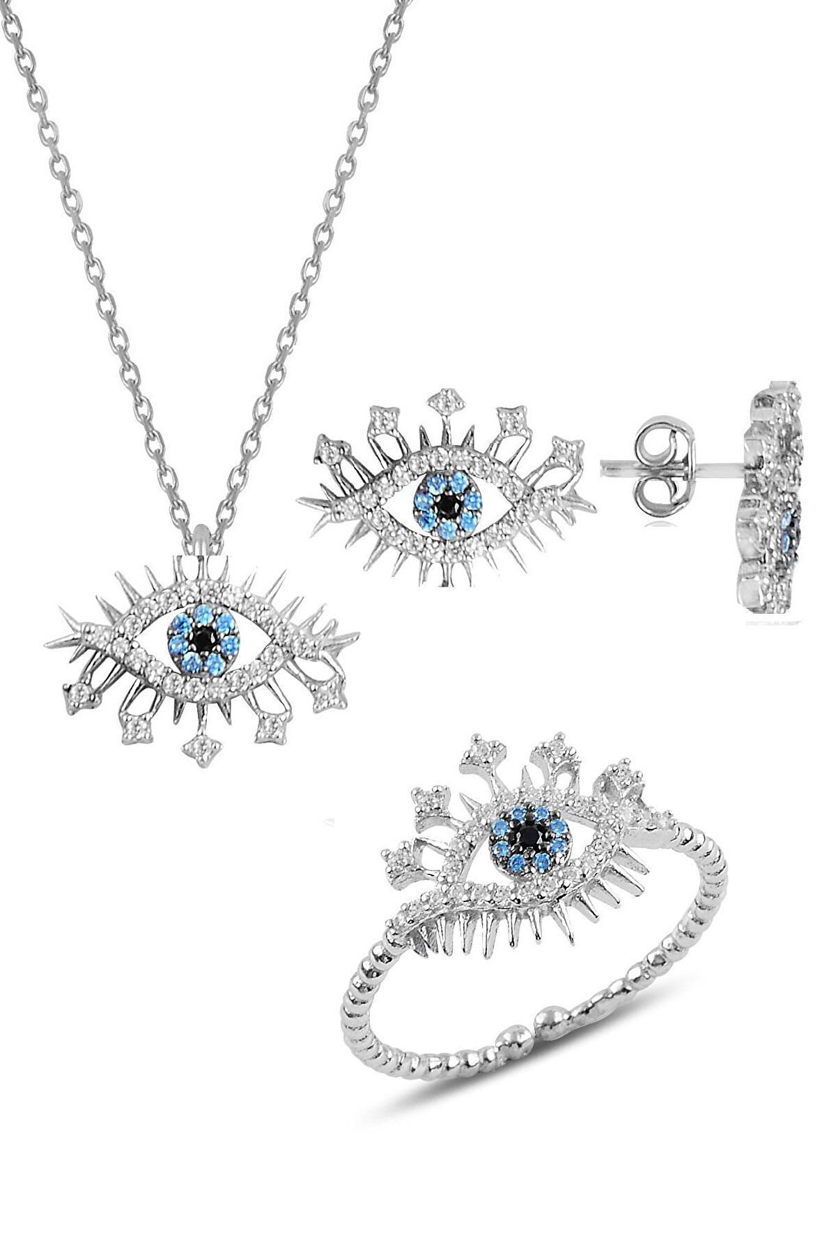 Gümüş rodyumlu zirkon taşlı lareyn kolye küpe ve yüzük gümüş set