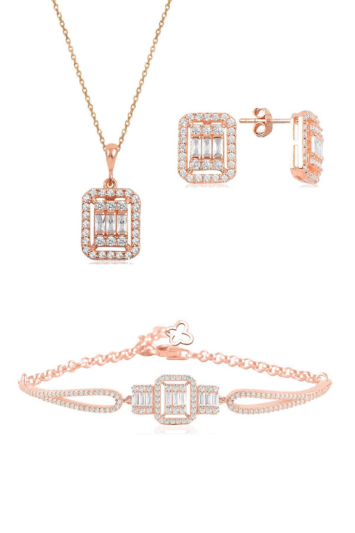 Gümüş rose baget taşlı kolye küpe ve bilezik  gümüş set
