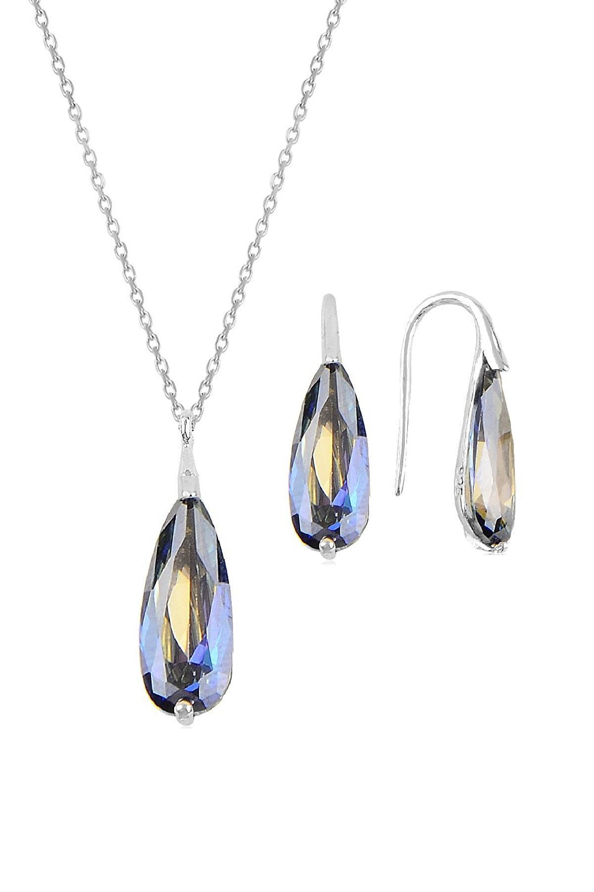 Gümüş rodyumlu mavi mistik  taşlı damla kolye ve küpe ikili gümüş set