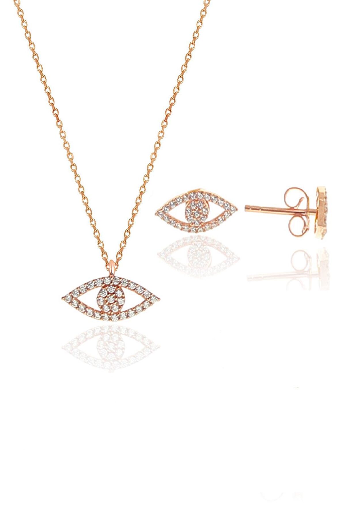 Gümüş rose zirkon taşlı göz kolye ve küpe gümüş ikili set