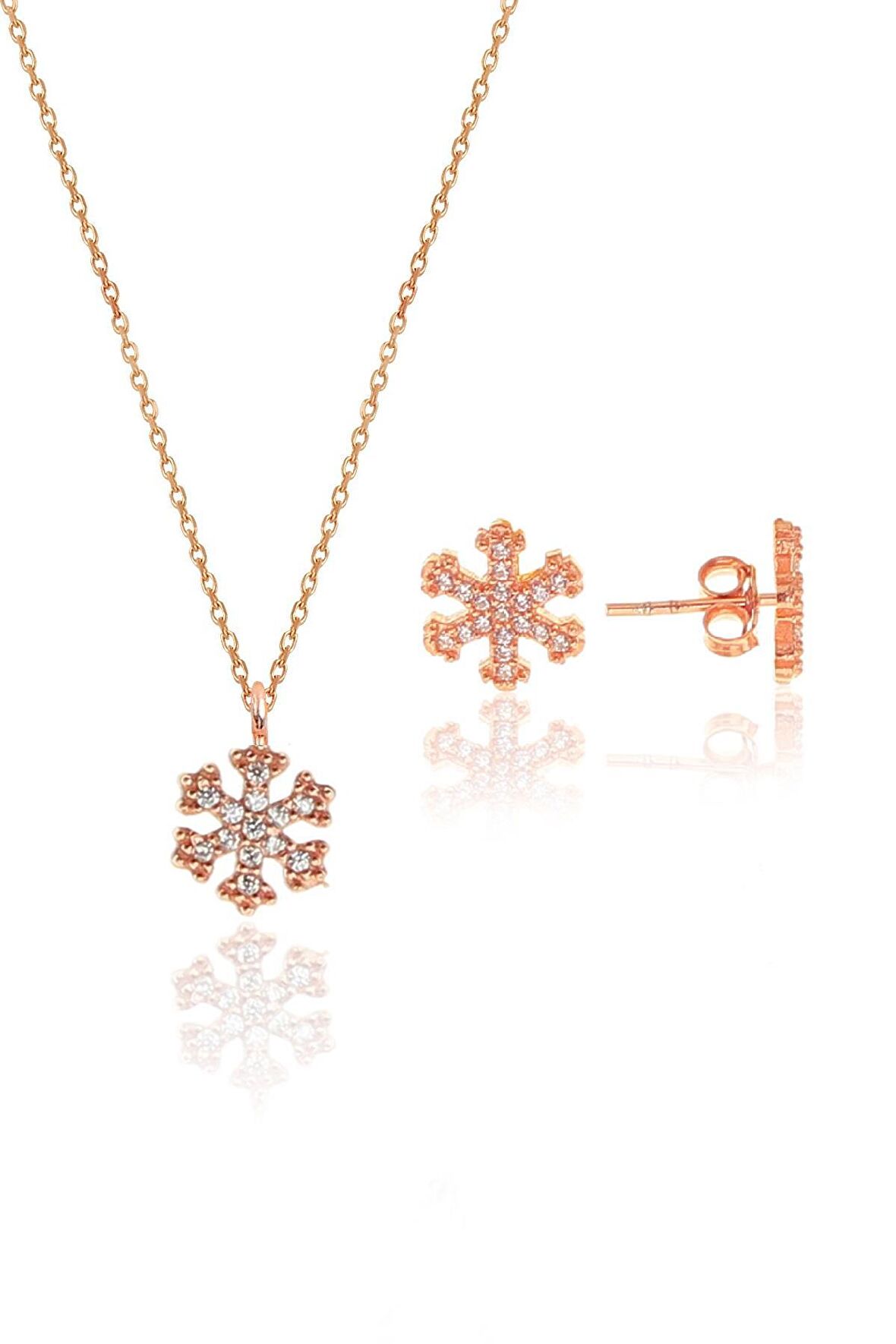Gümüş rose zirkon taşlı kar tanesi kolye ve küpe gümüş ikili set