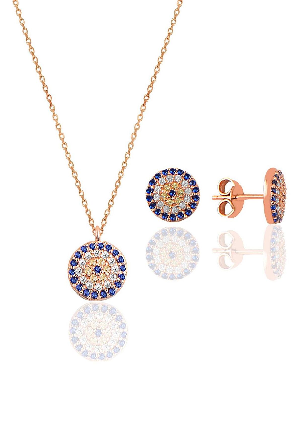 Gümüş rose zirkon taşlı nazar kolye ve küpe gümüş ikili set