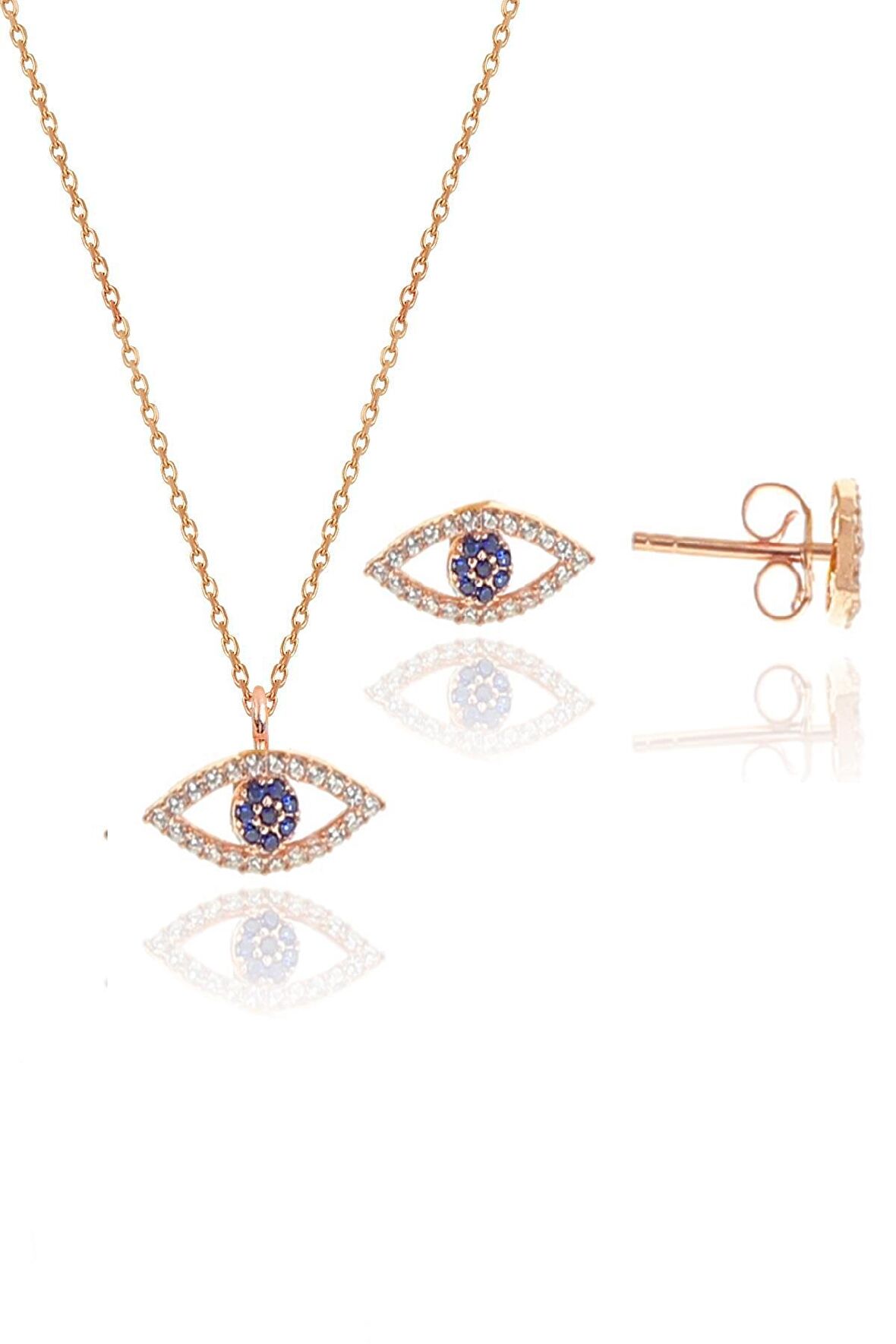 Gümüş rose zirkon taşlı safir göz kolye ve küpe gümüş ikili set