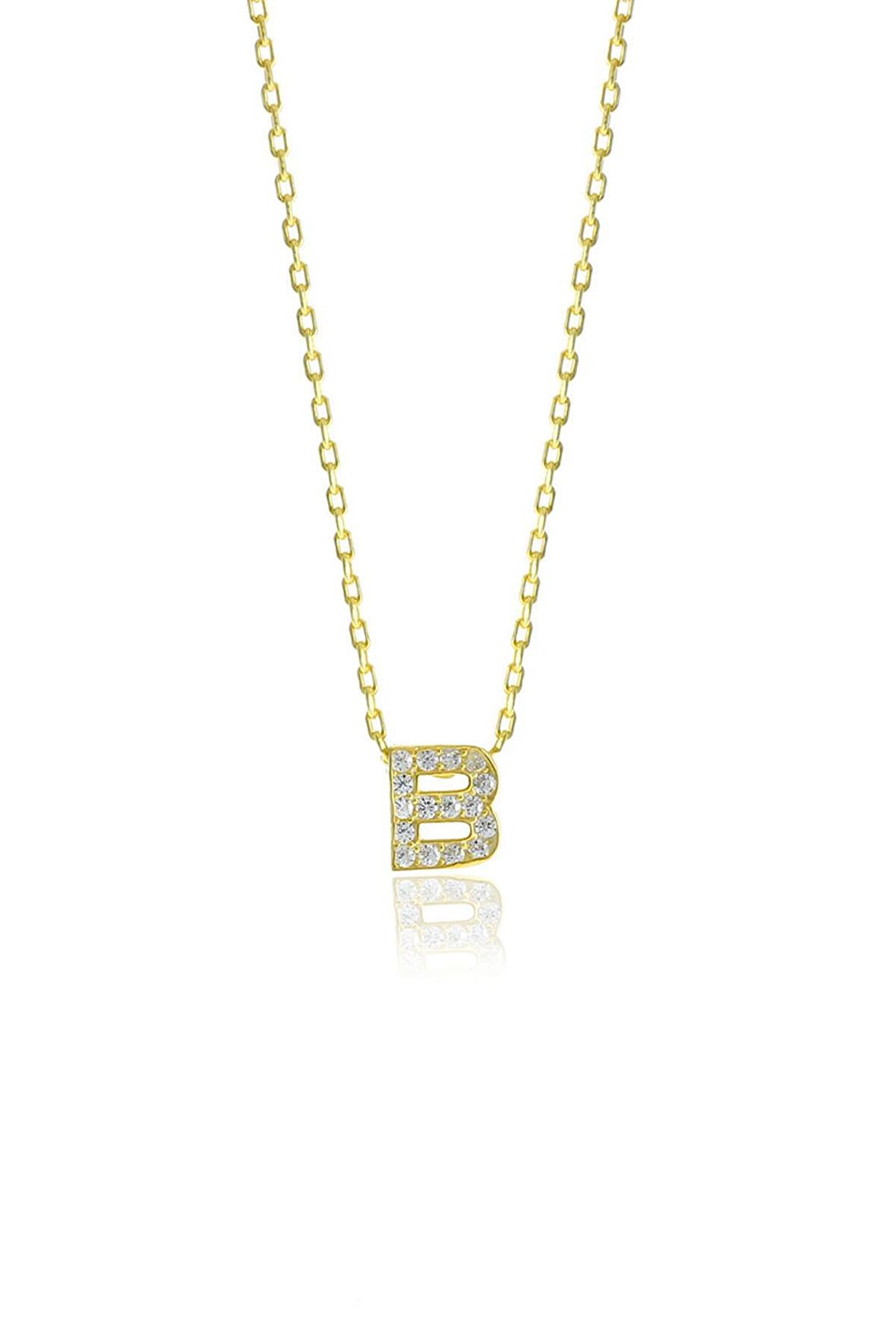 Gümüş  altın yaldızlı üç boyutlu minimal B gümüş harf kolye