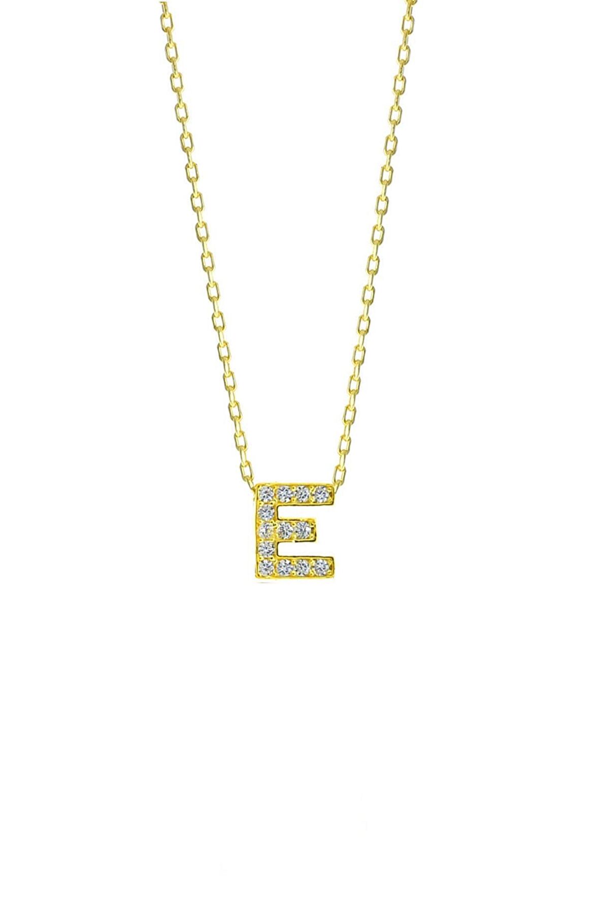 Gümüş  altın yaldızlı üç boyutlu minimal E gümüş harf kolye