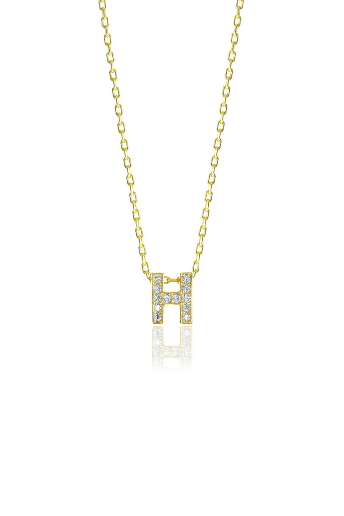 Gümüş  altın yaldızlı üç boyutlu minimal H gümüş harf kolye