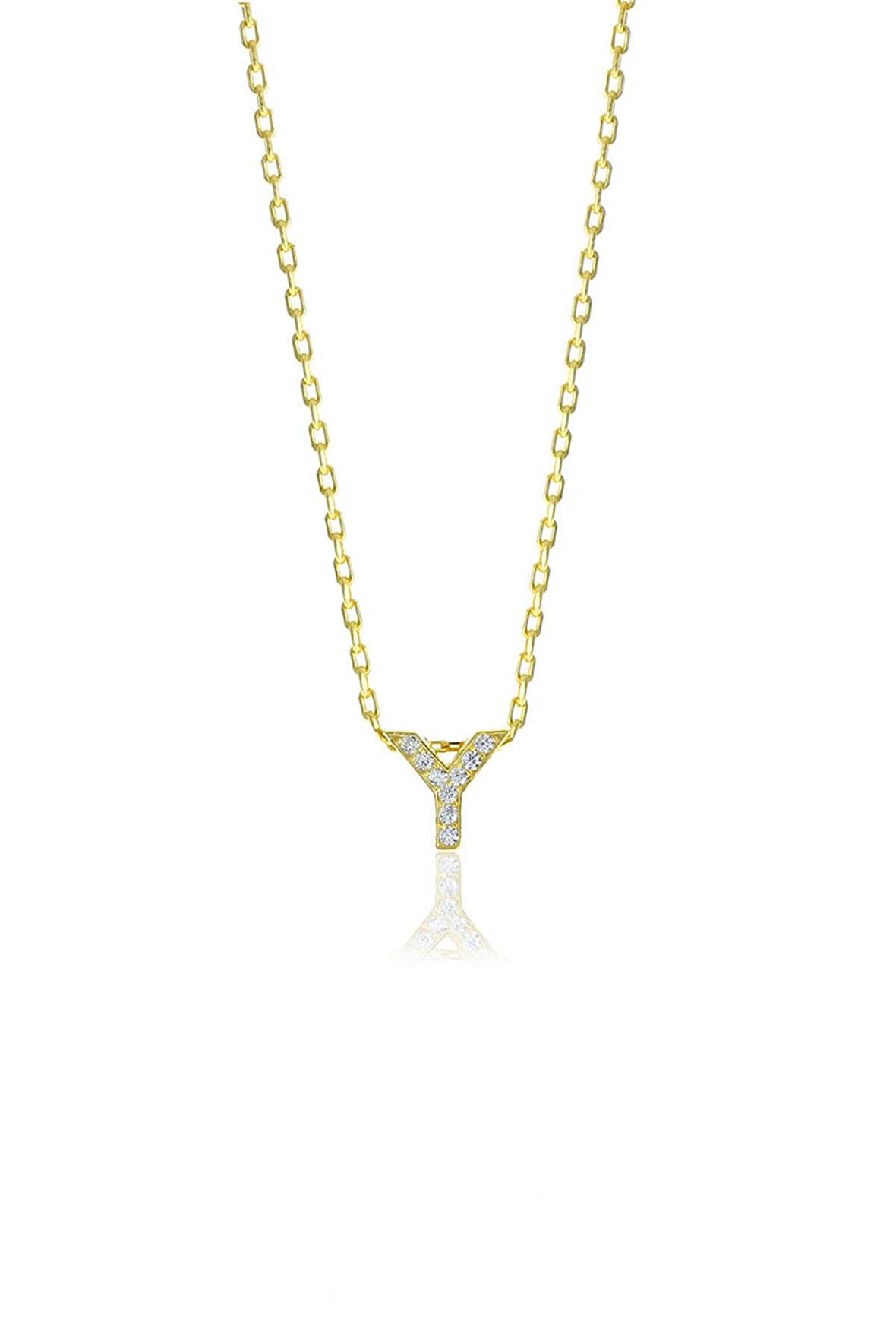 Gümüş  altın yaldızlı üç boyutlu minimal Y gümüş harf kolye