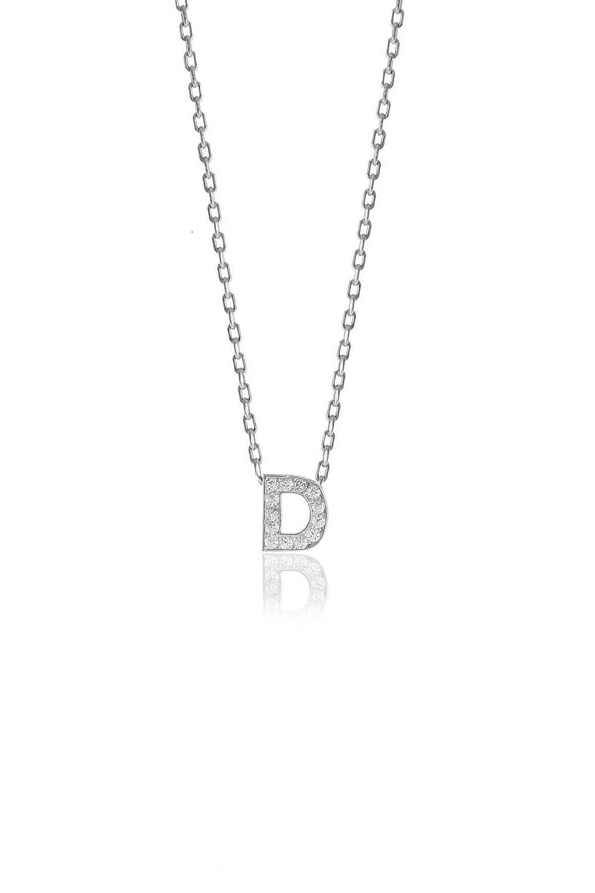 Gümüş  rodyumlu üç boyutlu minimal D gümüş harf kolye