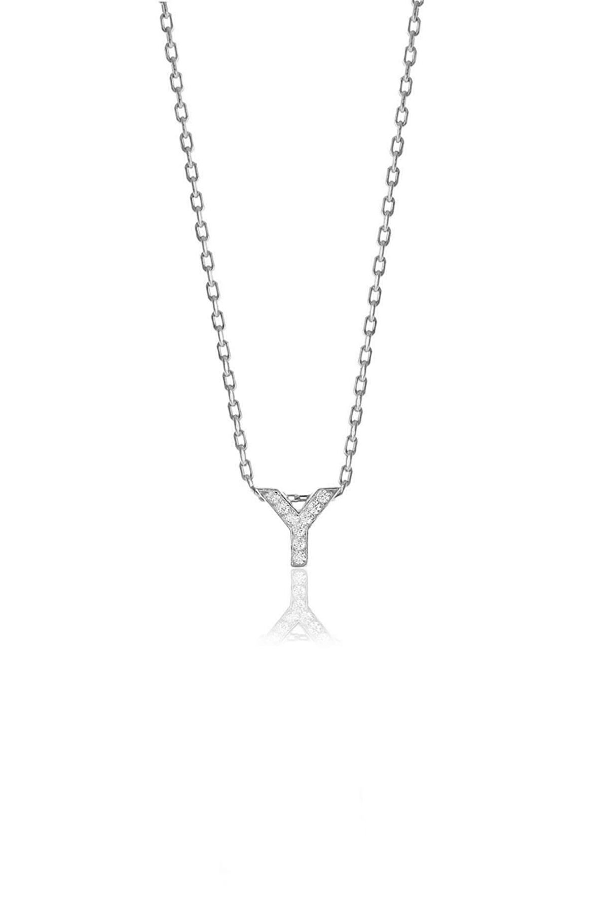 Gümüş  rodyumlu üç boyutlu minimal Y gümüş harf kolye