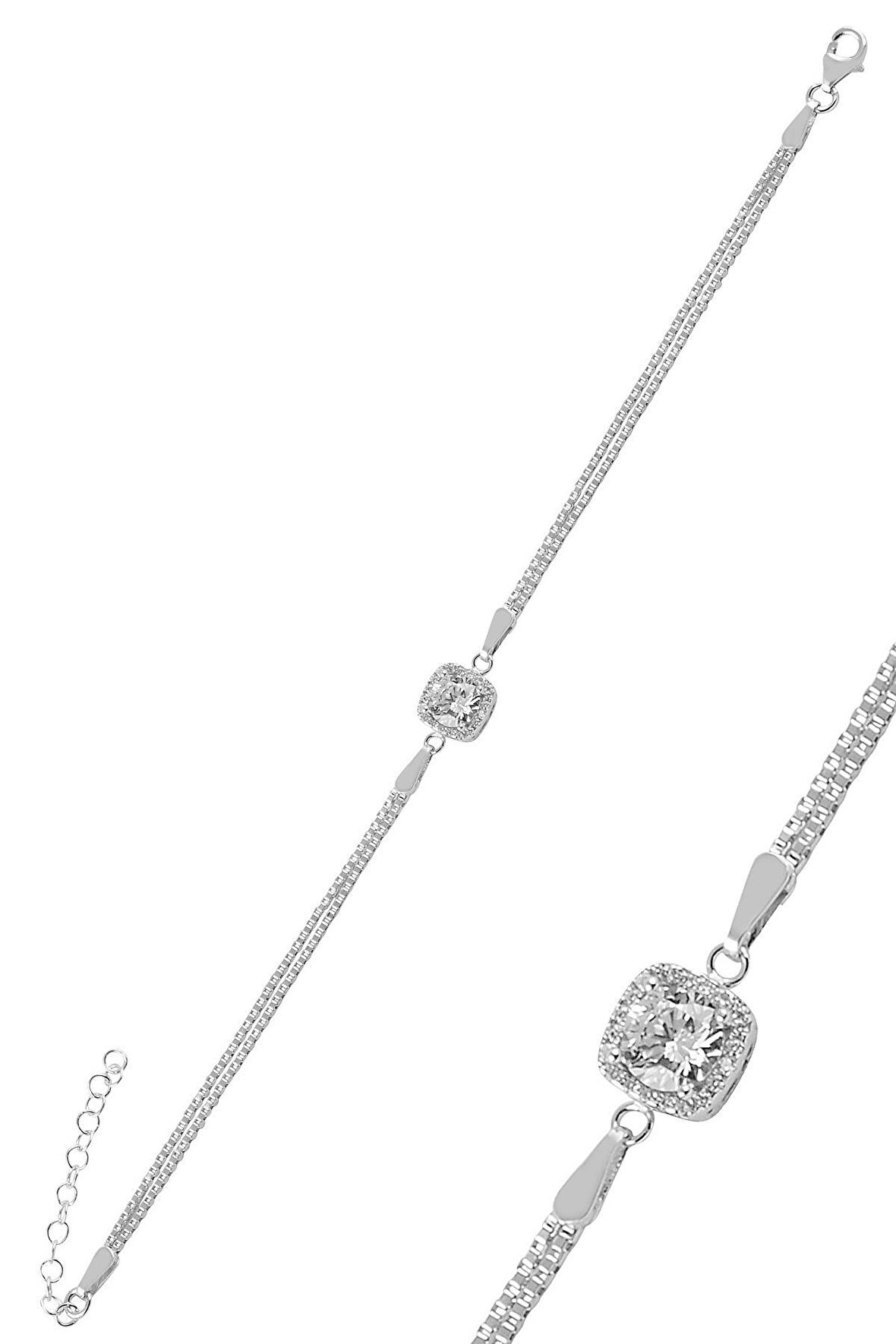 Gümüş zirkon taşlı pırlanta montürlü kare  gümüş bileklik